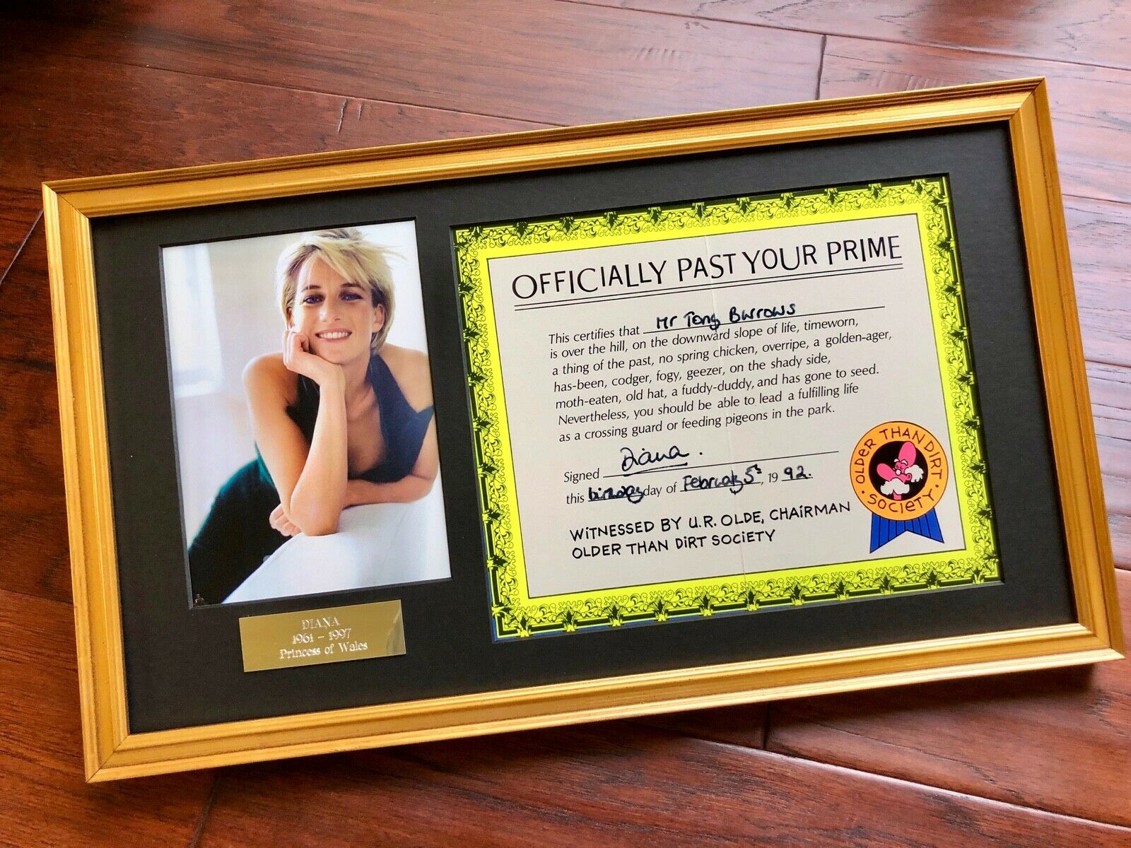 Princess DIANA * BAS * "Past Your Prime" AUTOGRAPH Birthday Certificate SIGNED
