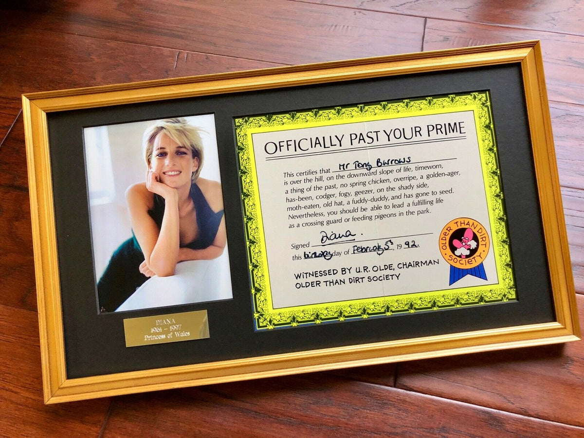 Princess DIANA * BAS * "Past Your Prime" AUTOGRAPH Birthday Certificate SIGNED
