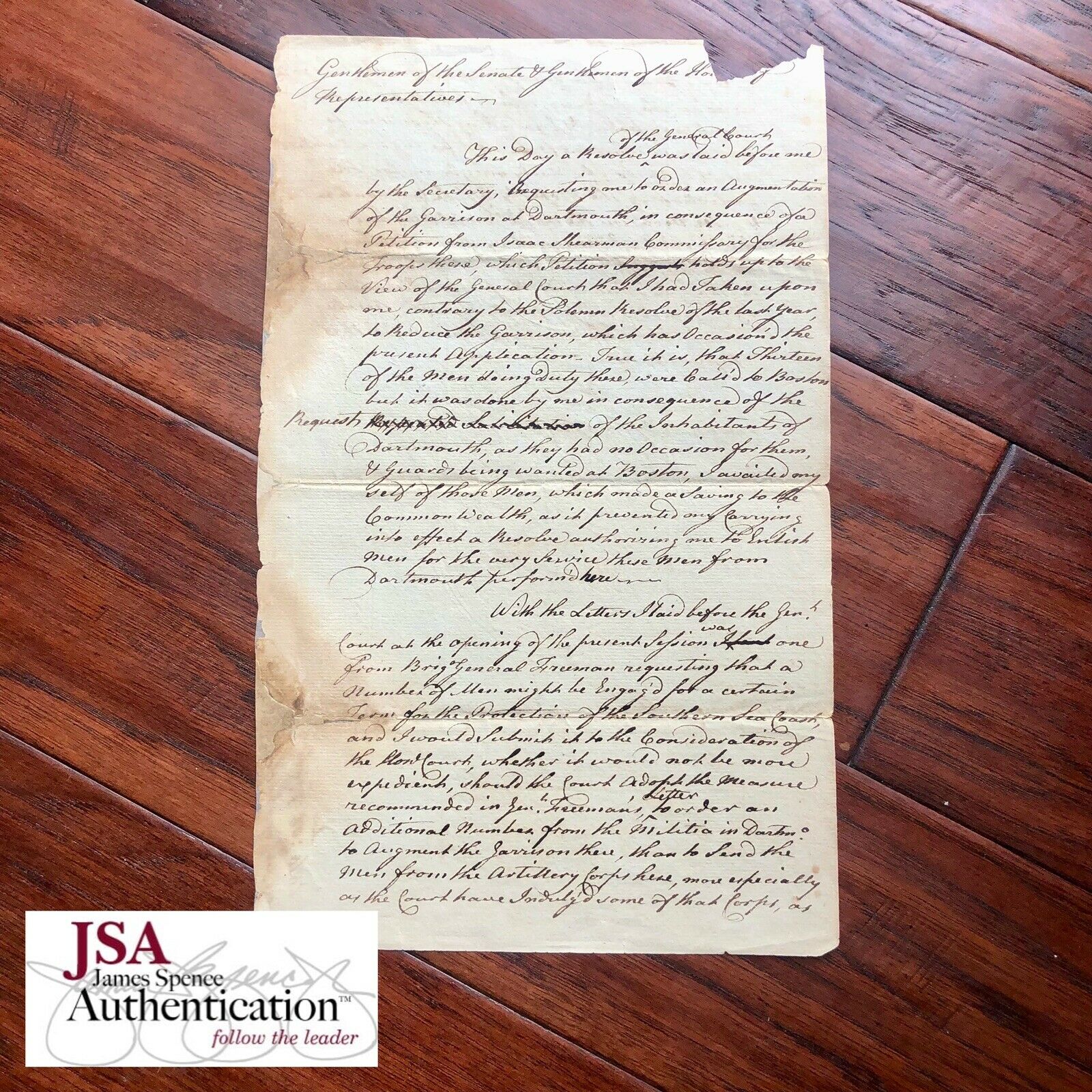 JOHN HANCOCK * JSA * Handwritten Draft Reinforcing Troops * No Autograph Signed