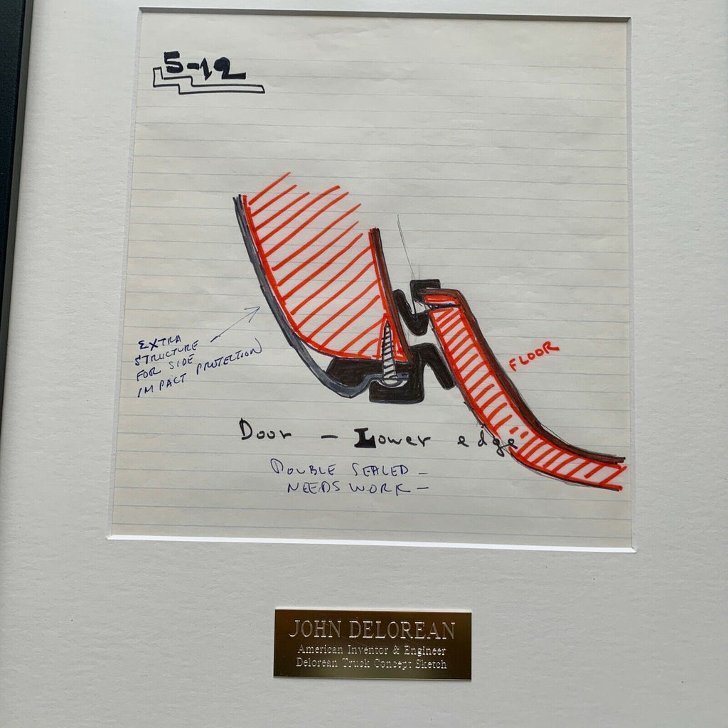 JOHN DeLOREAN * JSA LOA * Hand Drawn Autograph GULL WING Door Seal TRUCK Concept