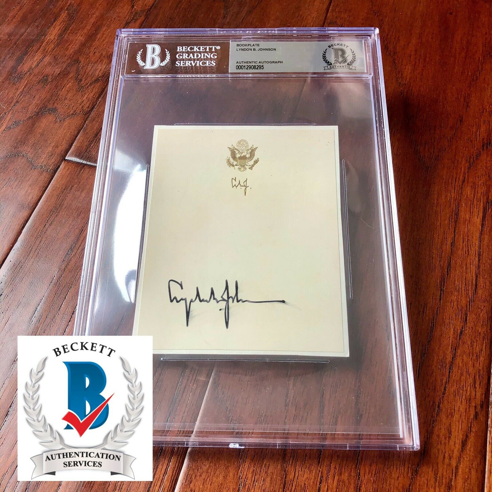 LYNDON B. JOHNSON * BECKETT BAS SLAB * Autograph Bookplate Signed President