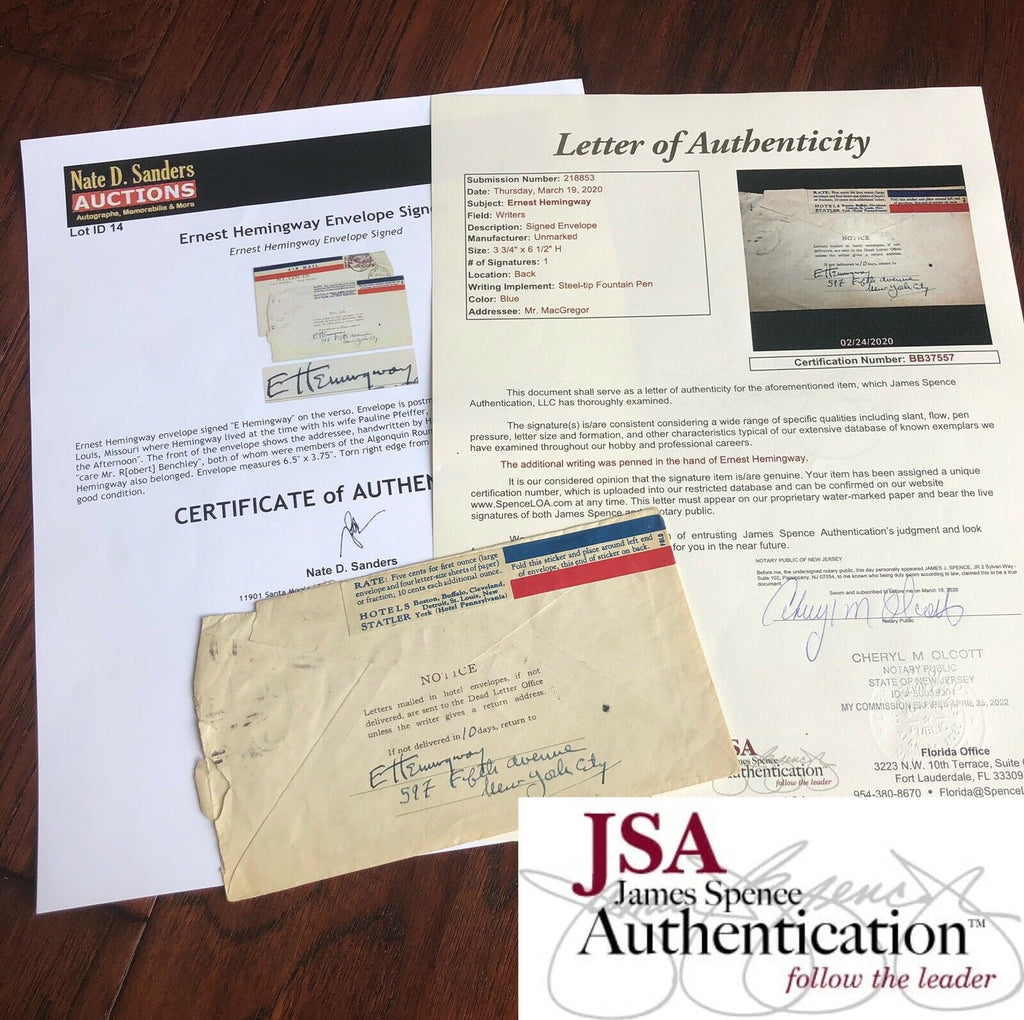 ERNEST HEMINGWAY * JSA LOA * Handwritten Autograph Envelope Signed *