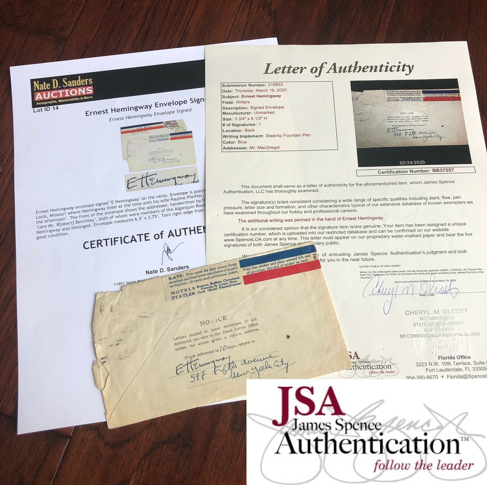 ERNEST HEMINGWAY * JSA LOA * Handwritten Autograph Envelope Signed *