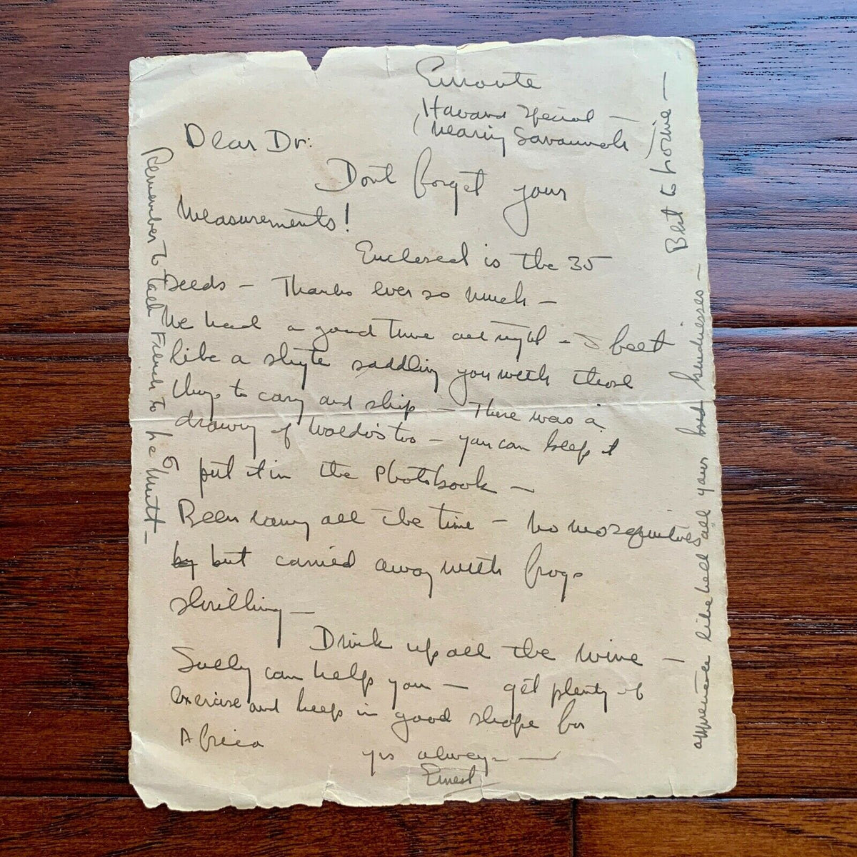 ERNEST HEMINGWAY * BAS * Handwritten Autograph LETTER * "Green Hills of Africa"