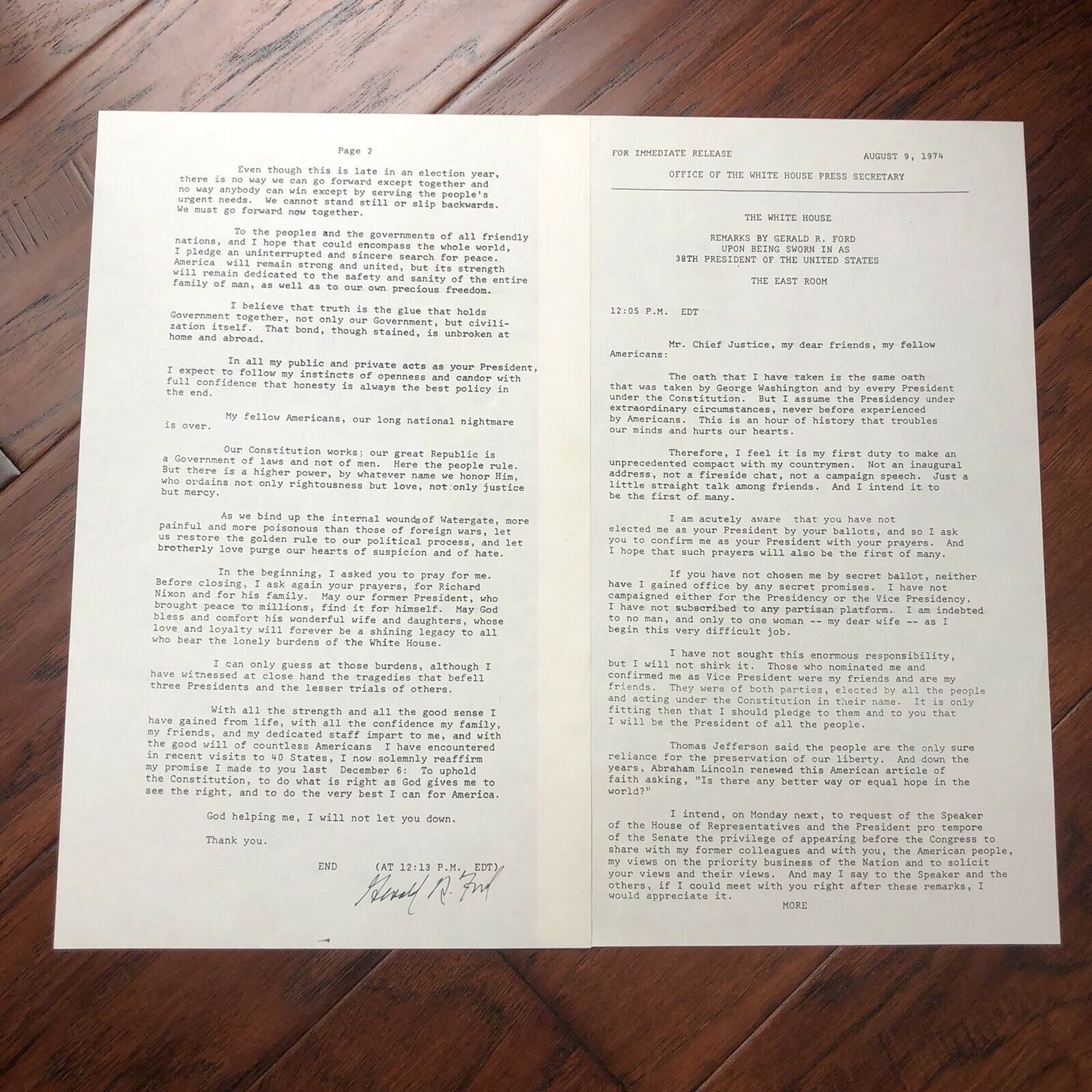 GERALD FORD * JSA LOA * Inauguration Speech Autograph Typescript Signed