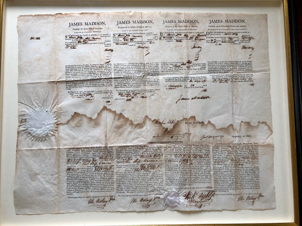 JAMES MADISON * JAMES MONROE Dual AUTOGRAPH Ship's Papers SIGNED * 1812