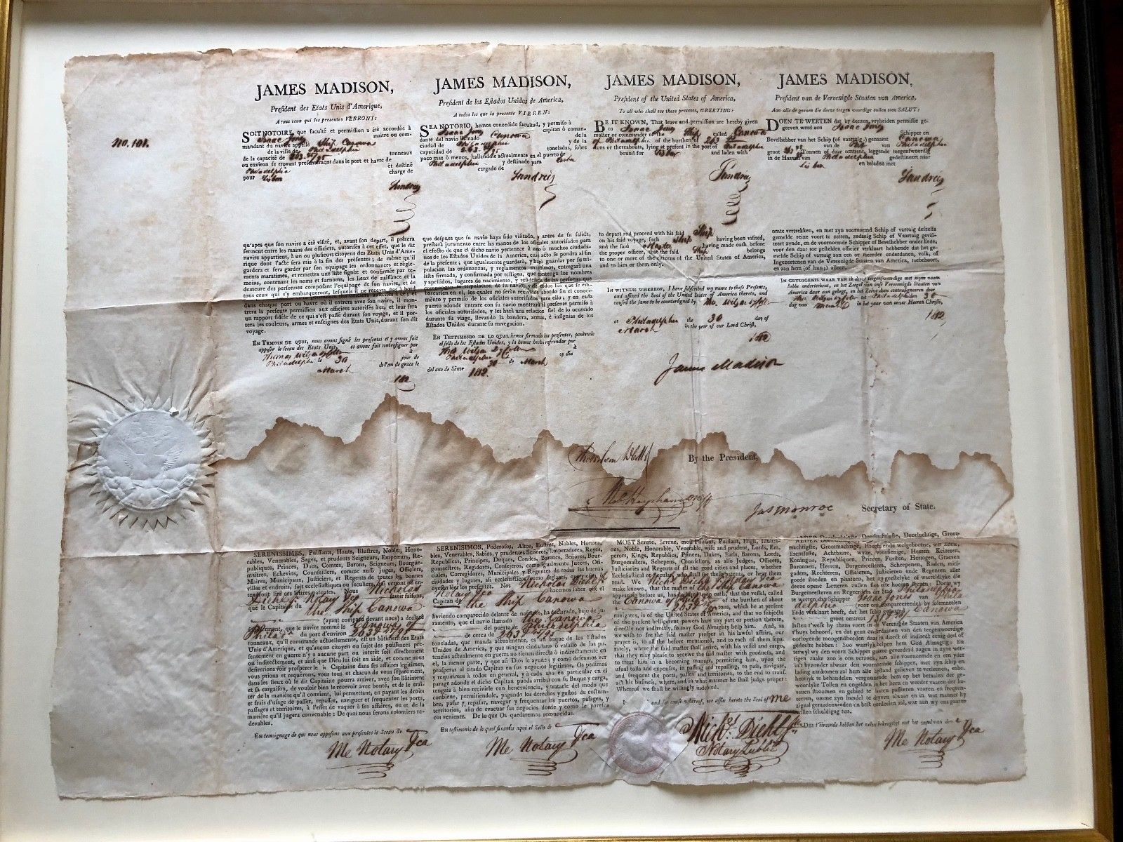 JAMES MADISON * JAMES MONROE Dual AUTOGRAPH Ship's Papers SIGNED * 1812