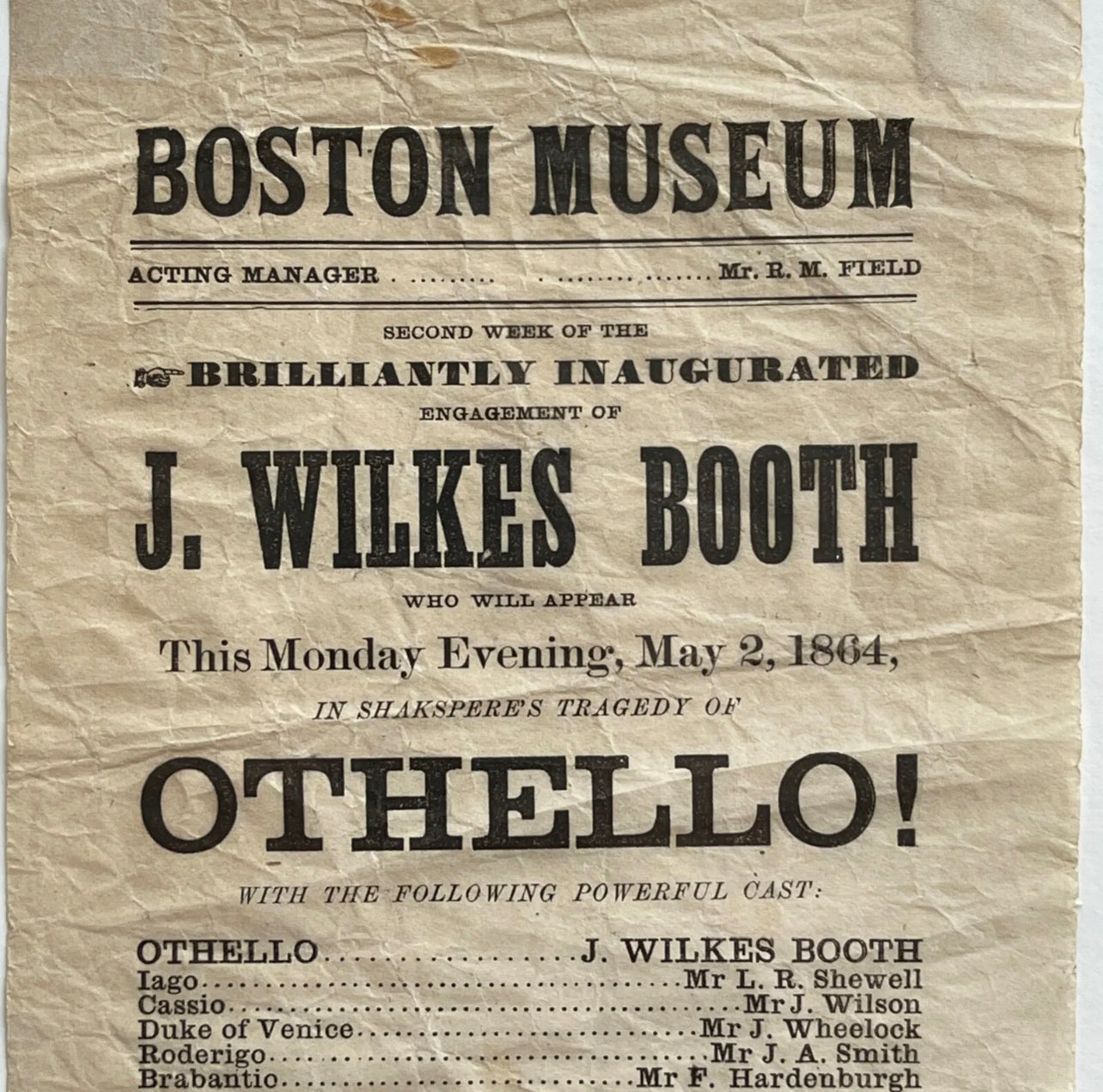 JOHN WILKES BOOTH * Authentic OTHELLO Playbill * 1864 * Abraham Lincoln