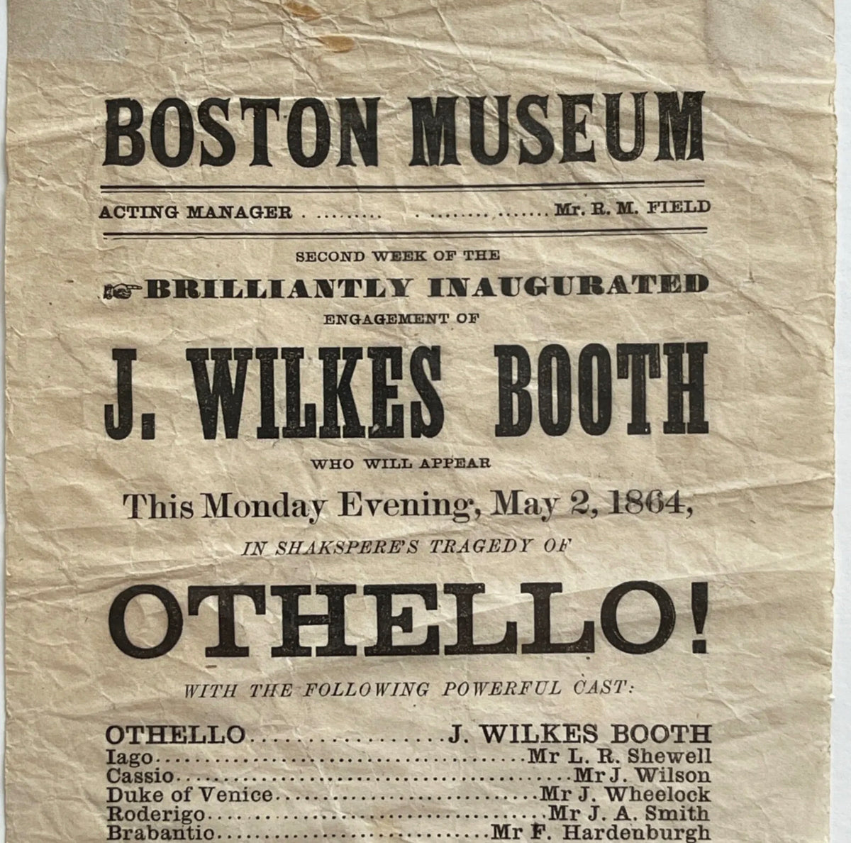 JOHN WILKES BOOTH * Authentic OTHELLO Playbill * 1864 * Abraham Lincoln