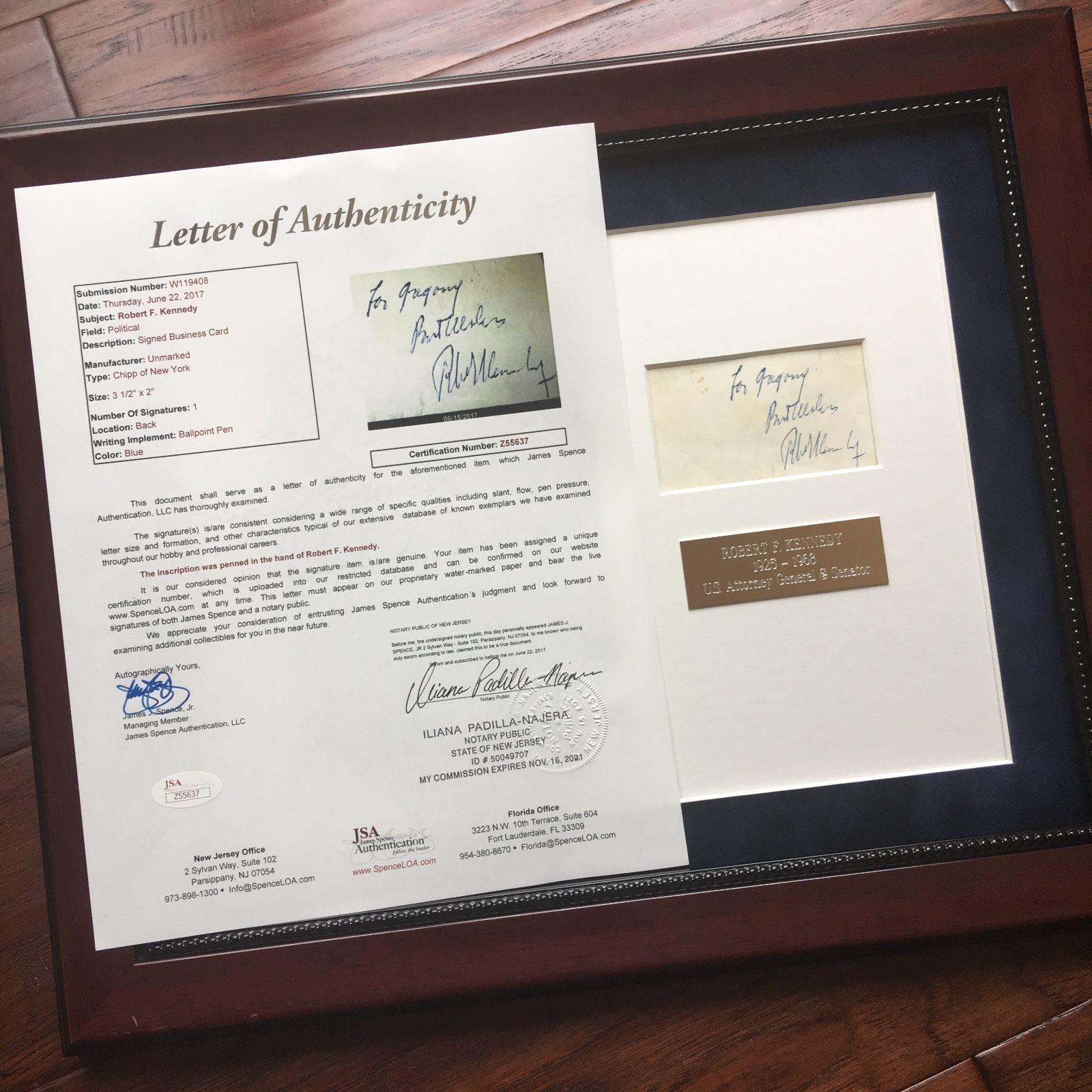 ROBERT F. KENNEDY * JSA COA * Scarce Authentic AUTOGRAPH Card SIGNED