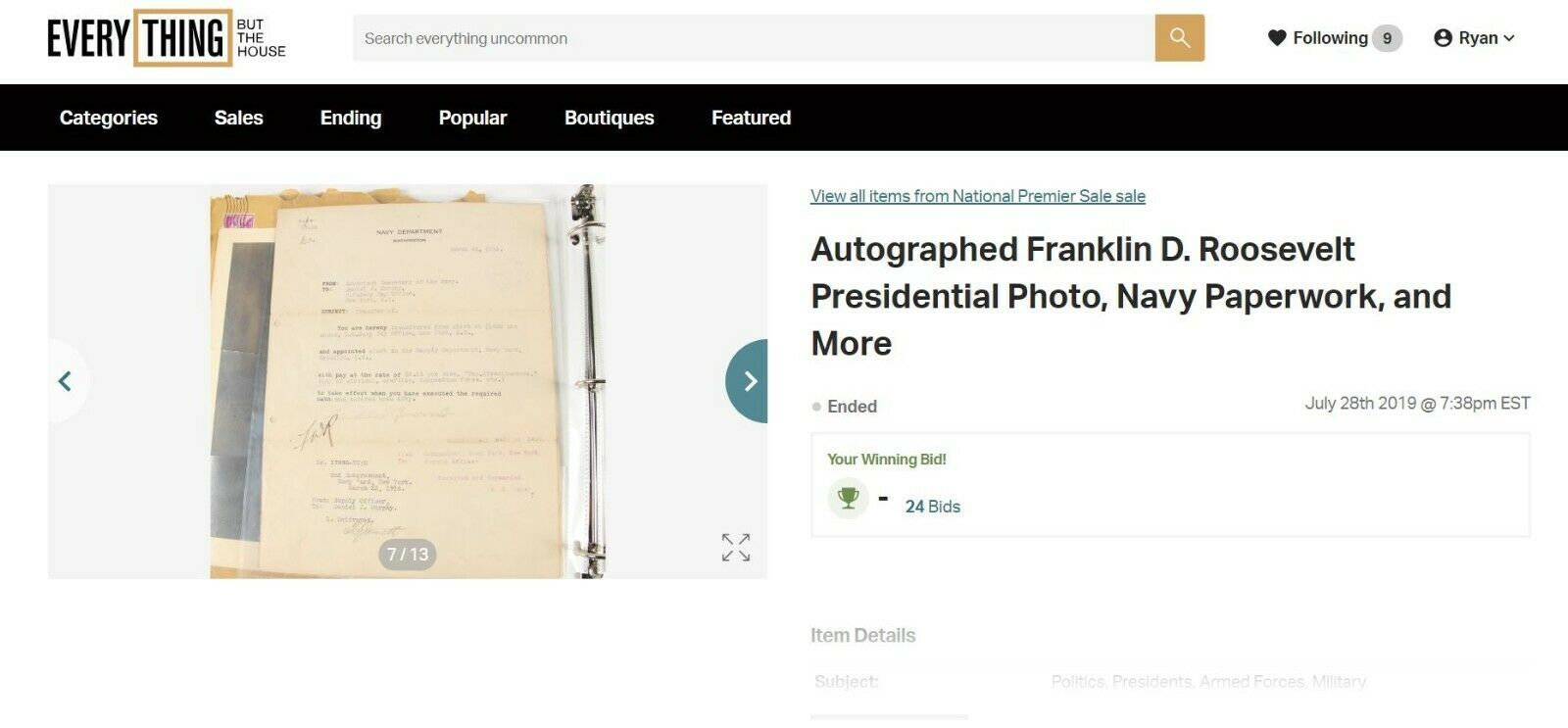 FRANKLIN D. ROOSEVELT * JSA LOA * Hand Signed Navy Document Autograph * FDR