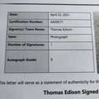 THOMAS EDISON * BAS BECKETT MINT 9 * Signed Unpersonalized Bust Photo Autograph