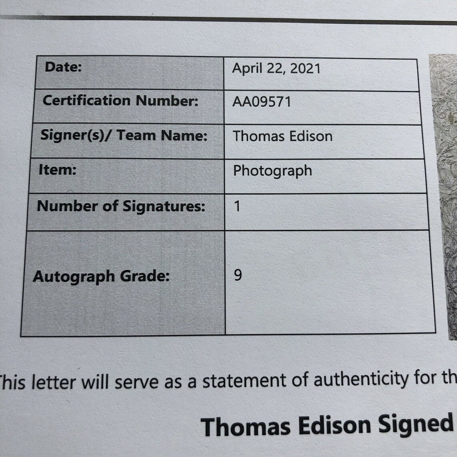 THOMAS EDISON * BAS BECKETT MINT 9 * Signed Unpersonalized Bust Photo Autograph