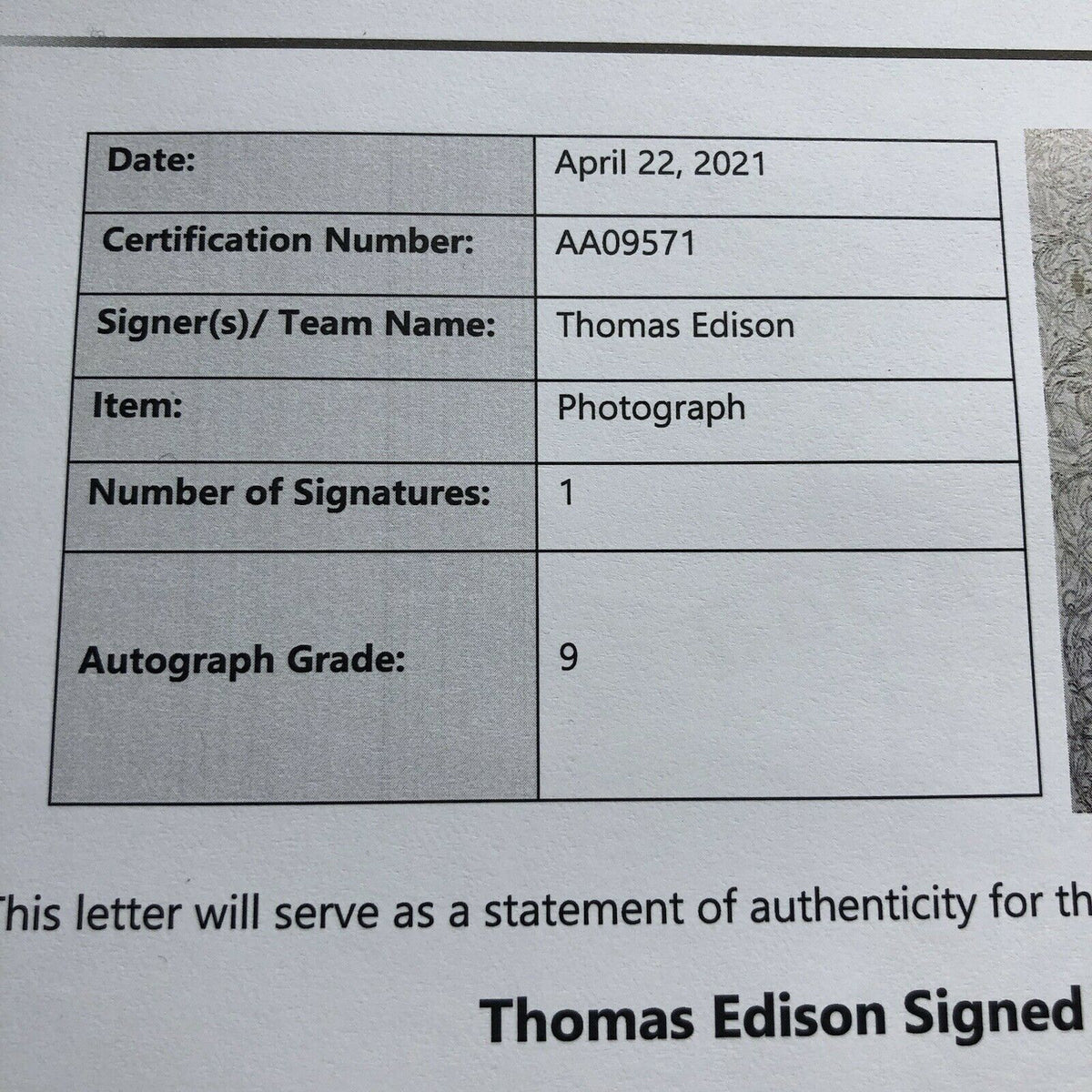 THOMAS EDISON * BAS BECKETT MINT 9 * Signed Unpersonalized Bust Photo Autograph