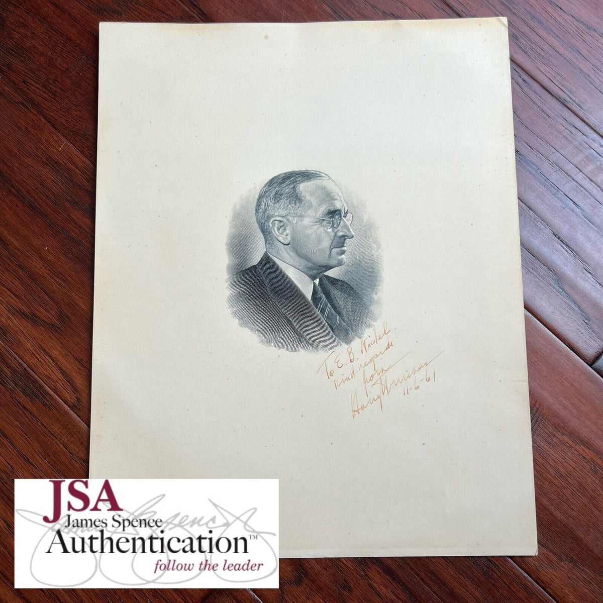 HARRY TRUMAN * JSA LOA * Signed 11x14 Engraving Autograph Official BEP Portrait