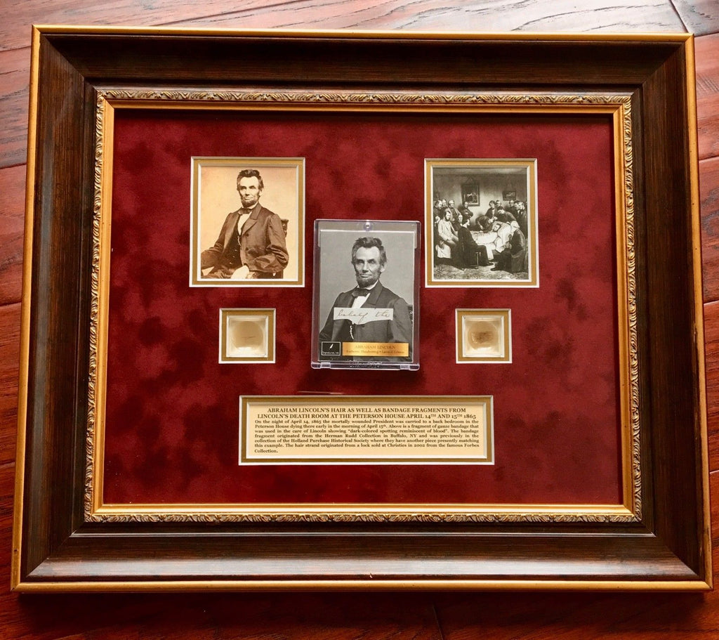 ABRAHAM LINCOLN * Genuine DEATHBED BANDAGE Relic + HAIR + PSA Cut Words * COAs