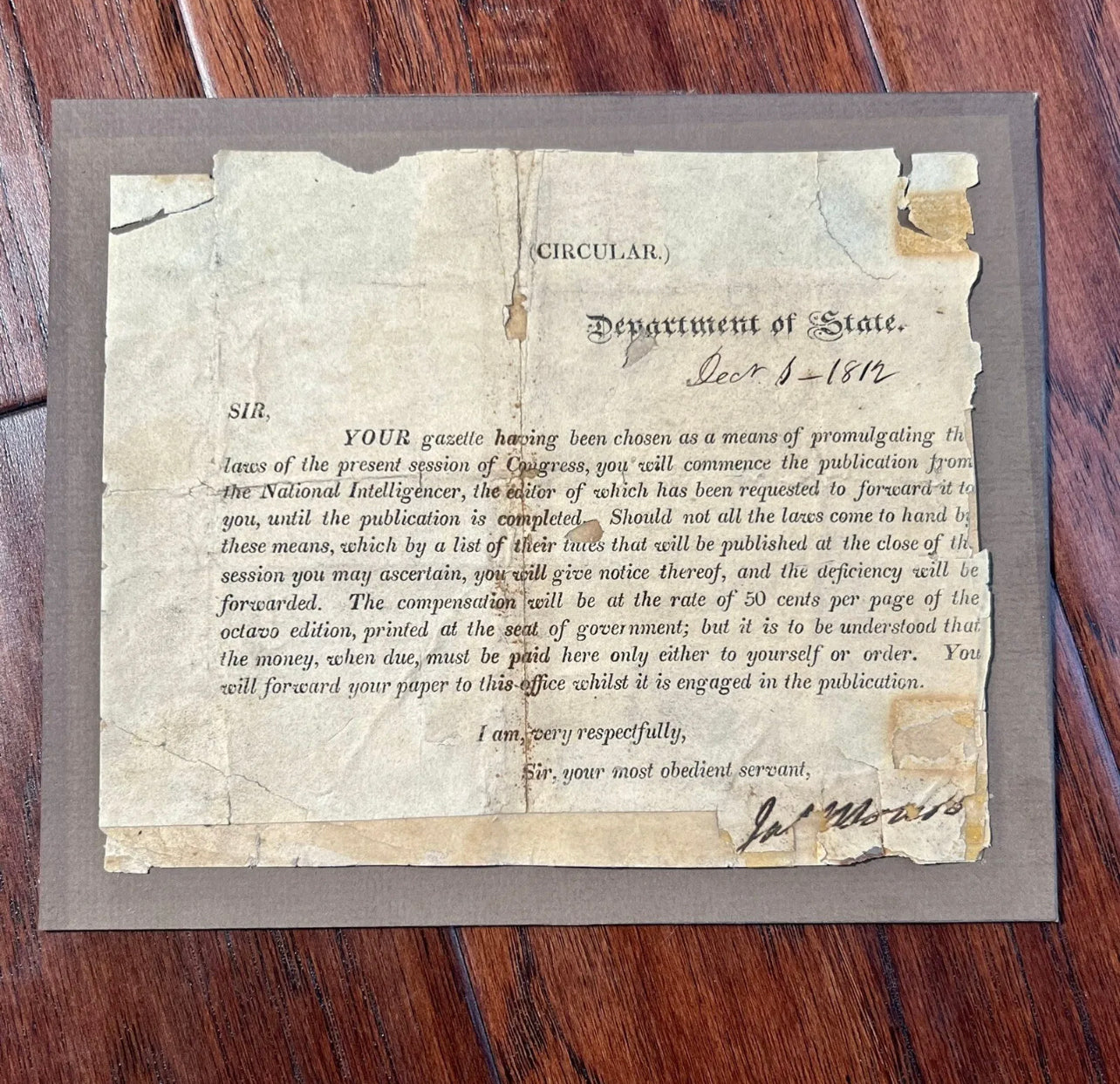 JAMES MONROE * JSA LOA * Autograph Request to Publish Declaration of War Signed