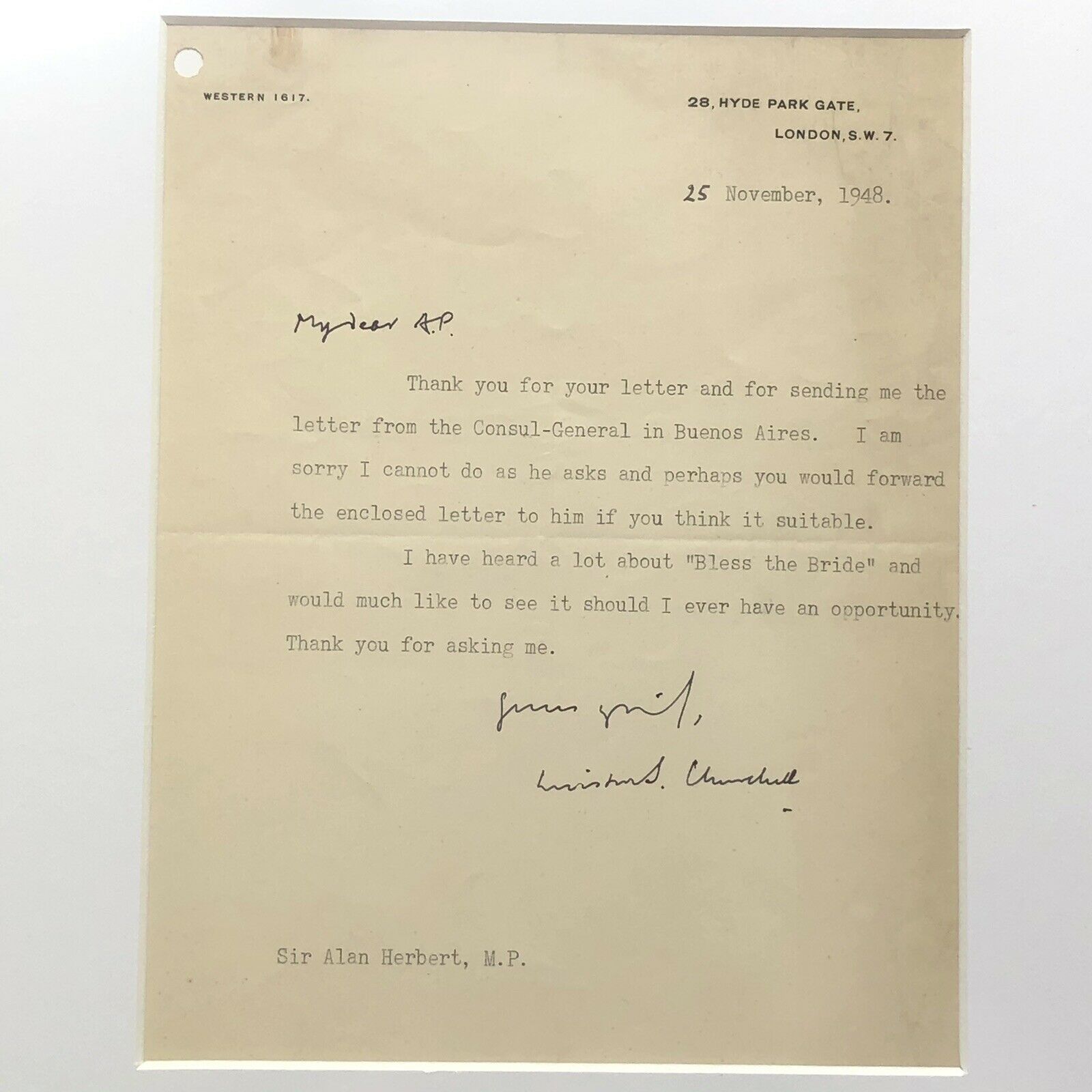 WINSTON S CHURCHILL * JSA LOA * Signed Letter to Playwright Alan P Herbert *