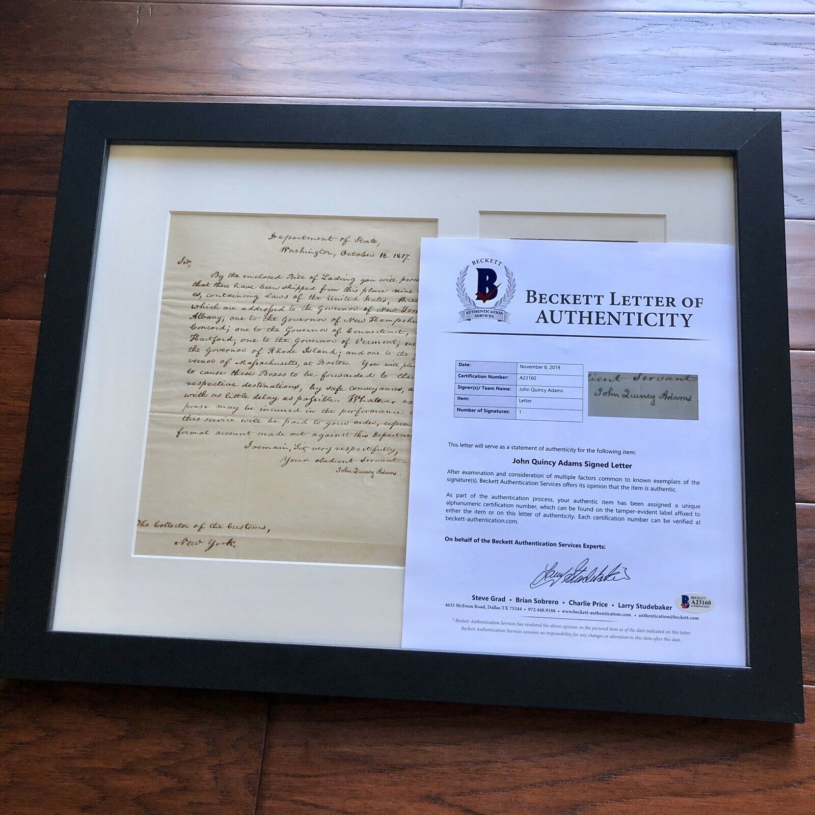 JOHN QUINCY ADAMS * BECKETT BAS * Autograph "United States Laws" Letter Signed *
