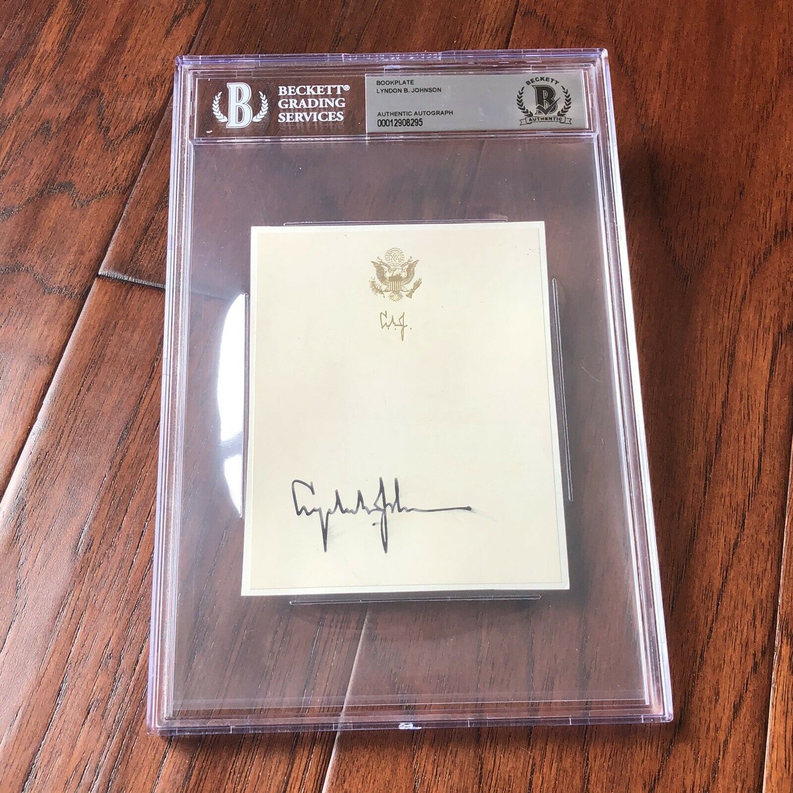 LYNDON B. JOHNSON * BECKETT BAS SLAB * Autograph Bookplate Signed President