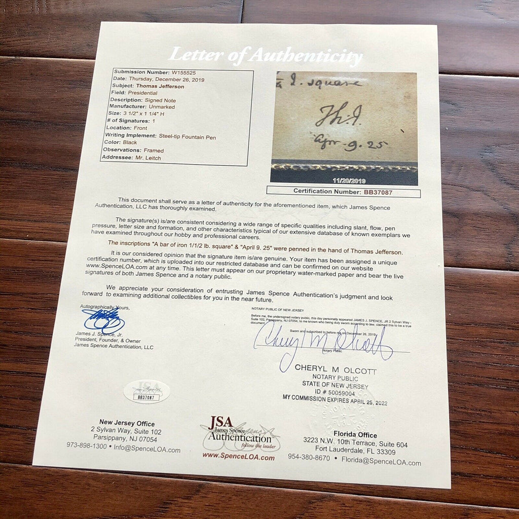 THOMAS JEFFERSON * JSA LOA * Autograph Note Carried by Slave Signed * President