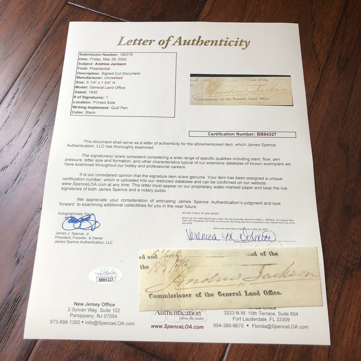 ANDREW JACKSON * JSA LOA * Autograph Cut Signature Signed * As President