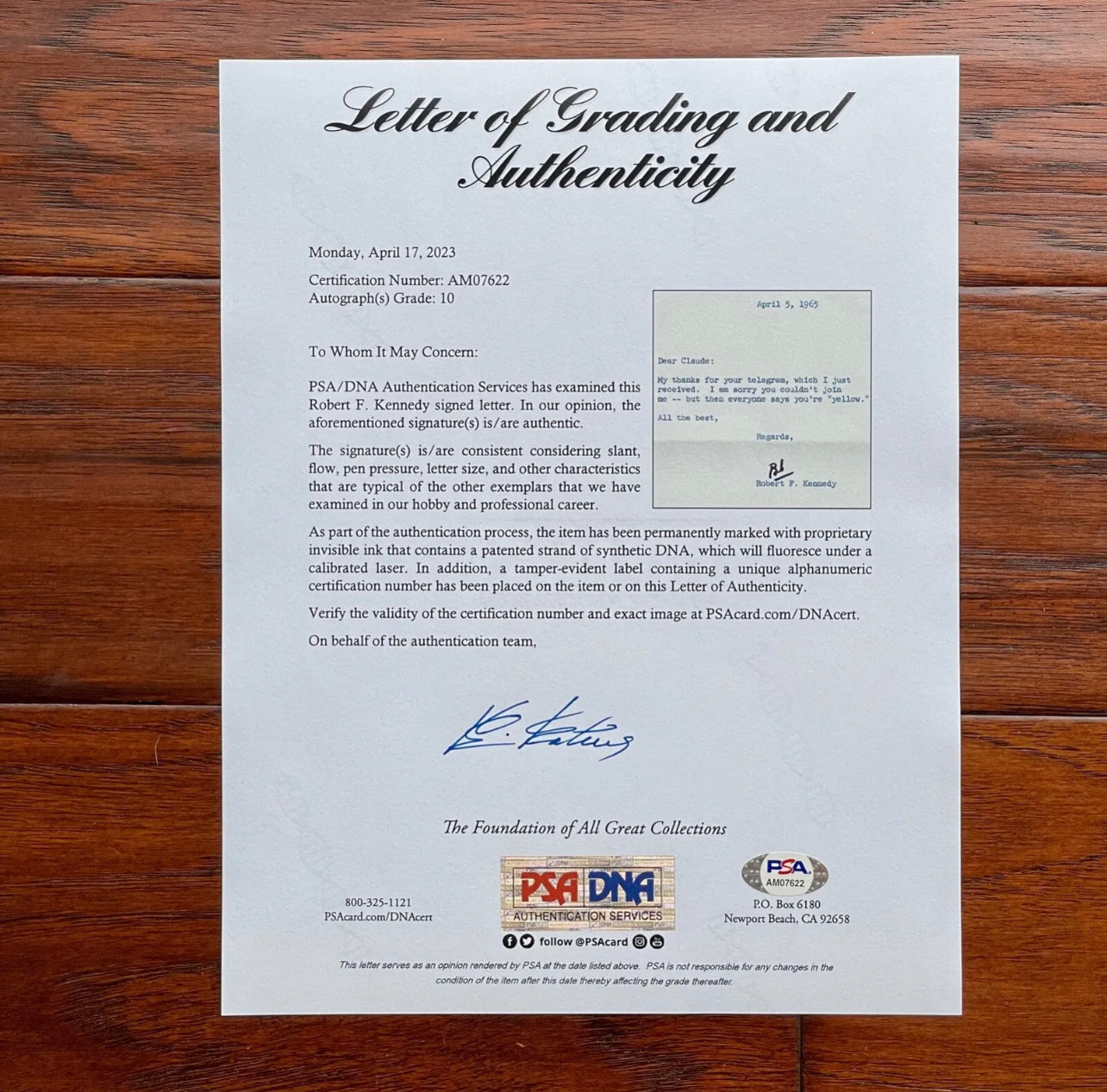 ROBERT F KENNEDY * PSA 10 * Autograph Letter Calling a Friend "Yellow" Signed