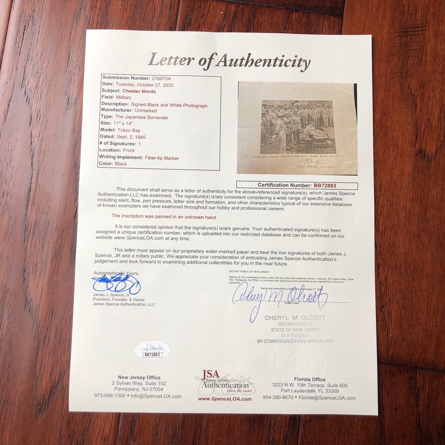 CHESTER W. NIMITZ * JSA LOA * Large Signed WWII Japan Surrender Photo Autograph
