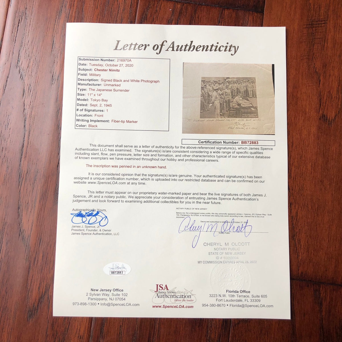 CHESTER W. NIMITZ * JSA LOA * Large Signed WWII Japan Surrender Photo Autograph