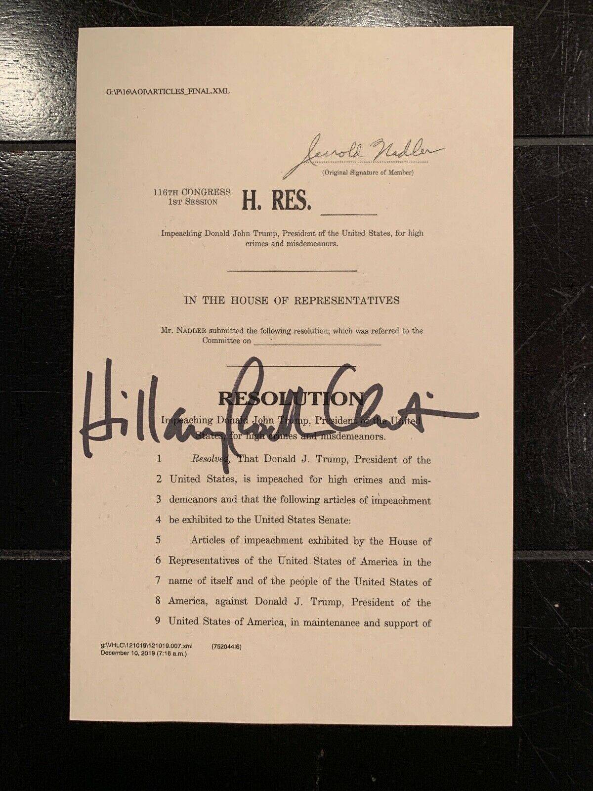 HILLARY CLINTON * JSA * Souvenir Trump ARTICLES OF IMPEACHMENT Signed Autograph