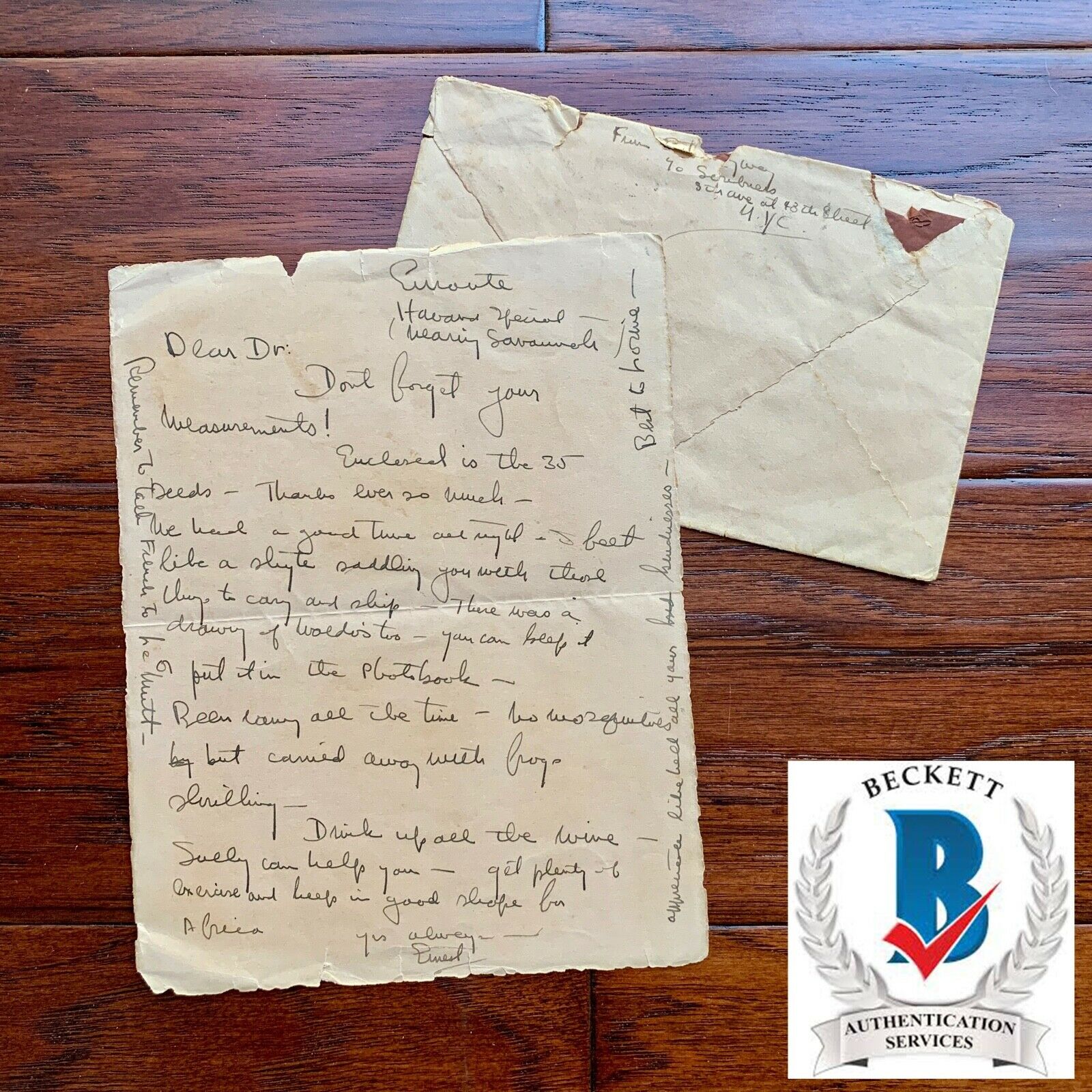 ERNEST HEMINGWAY * BAS * Handwritten Autograph LETTER * "Green Hills of Africa"
