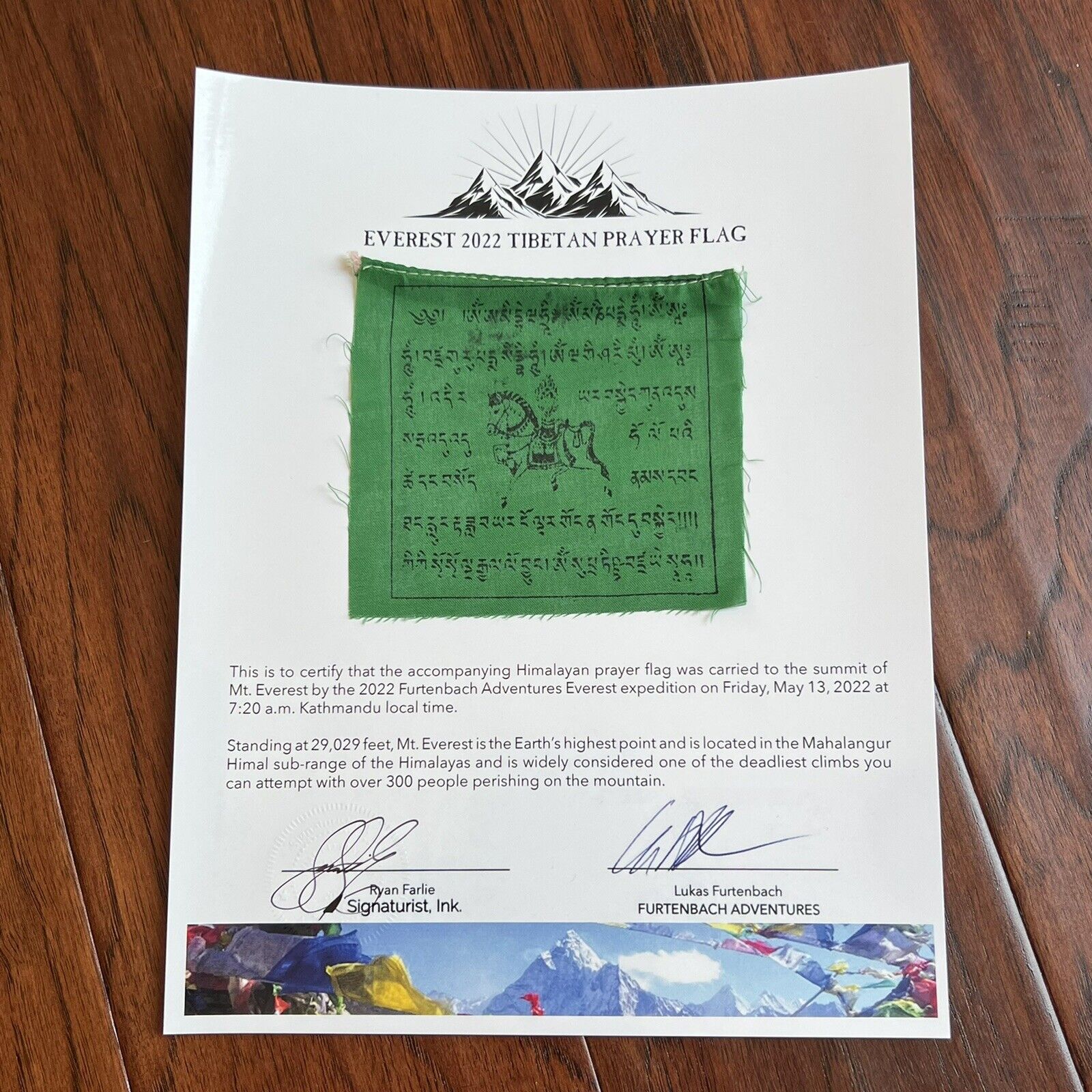 MOUNT EVEREST Genuine Prayer Flag ARTIFACT Carried to the Summit of MT 29029 FT