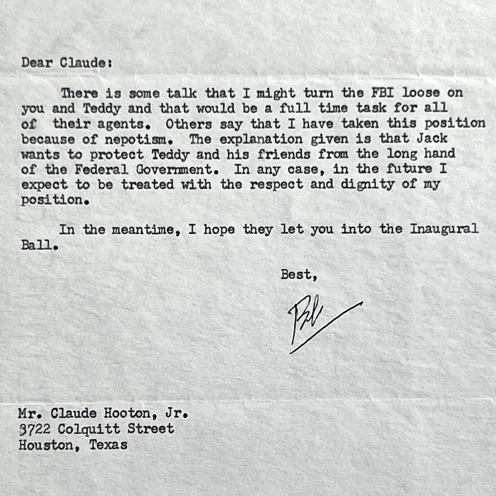 ROBERT F KENNEDY * PSA * Signed Autograph Re: Nepotism and Turning the FBI Loose