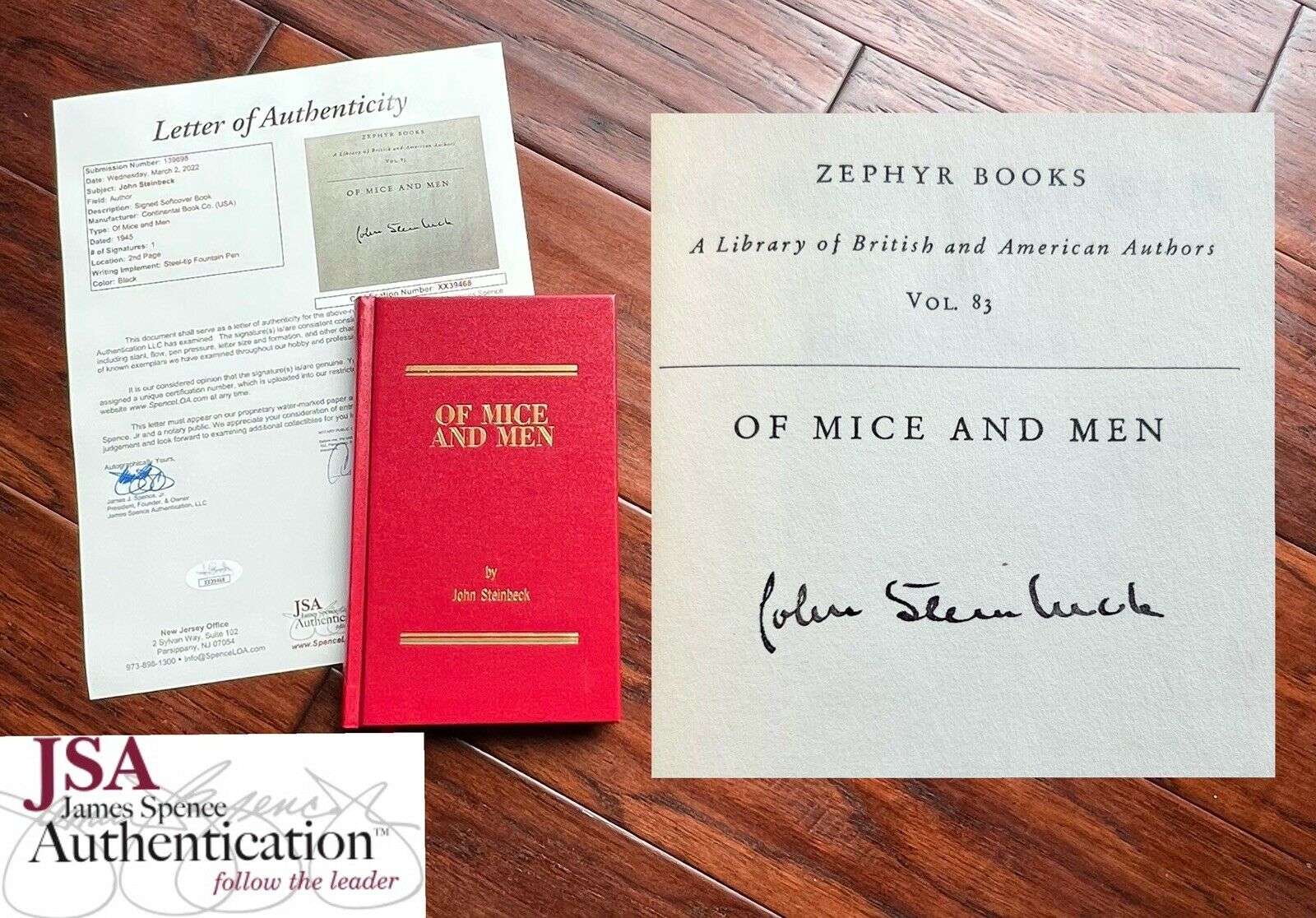 JOHN STEINBECK * JSA LOA * Hand-Signed Copy Of Mice And Men Autograph