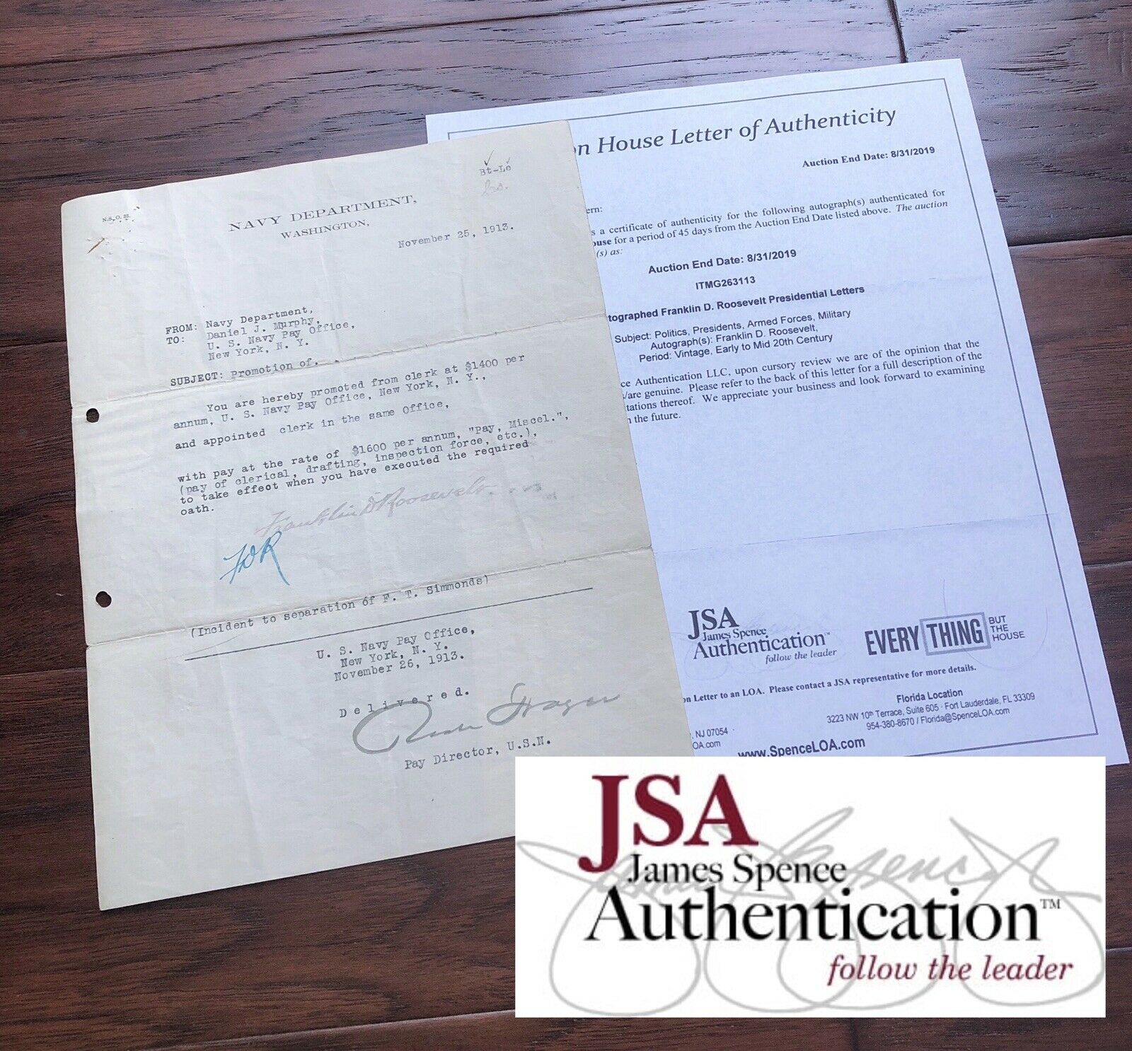FRANKLIN D. ROOSEVELT * JSA LOA * Hand Signed 1913 Navy Document Autograph * FDR