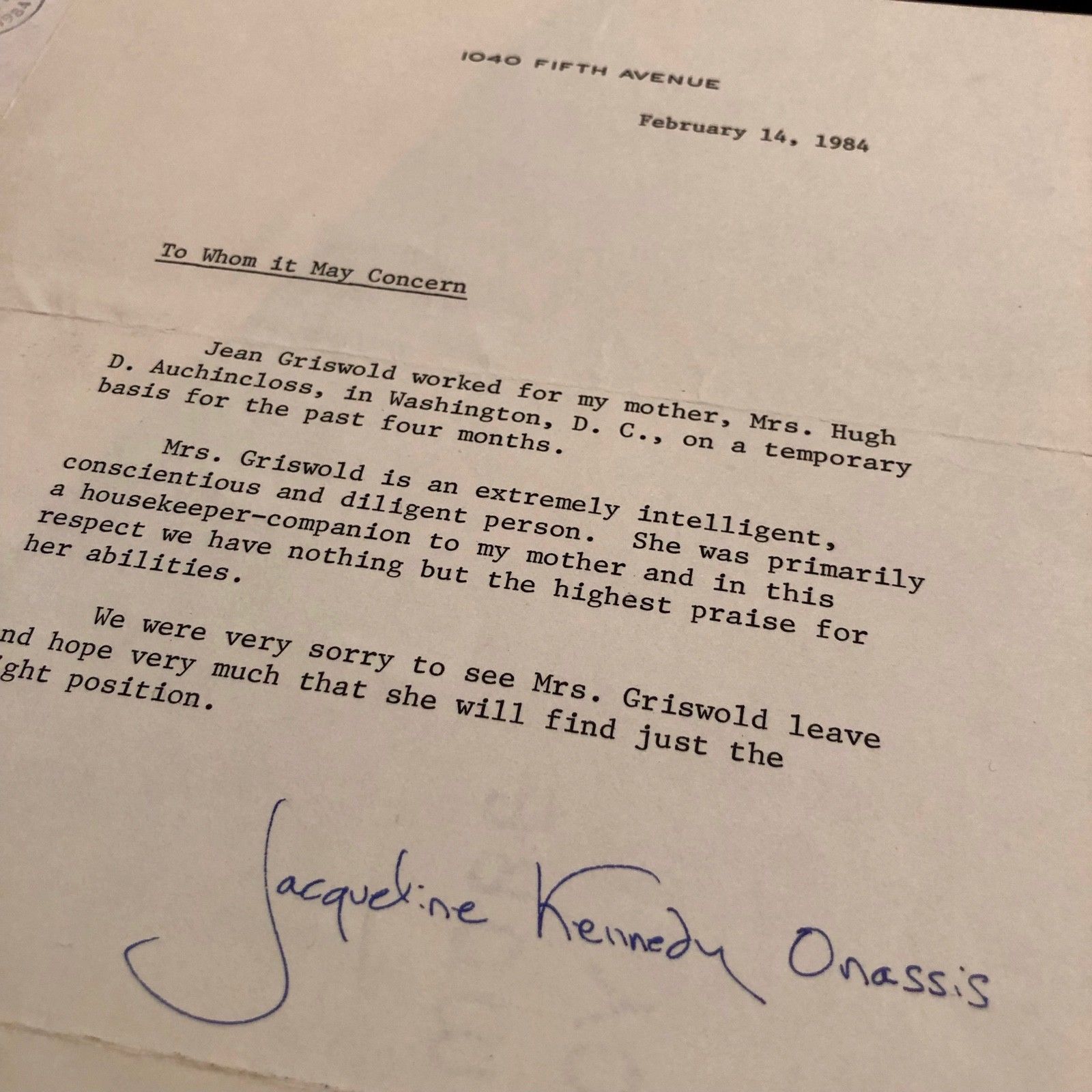 JACQUELINE KENNEDY * PSA/DNA AUTOGRAPH reference note SIGNED for Mom's Caretaker