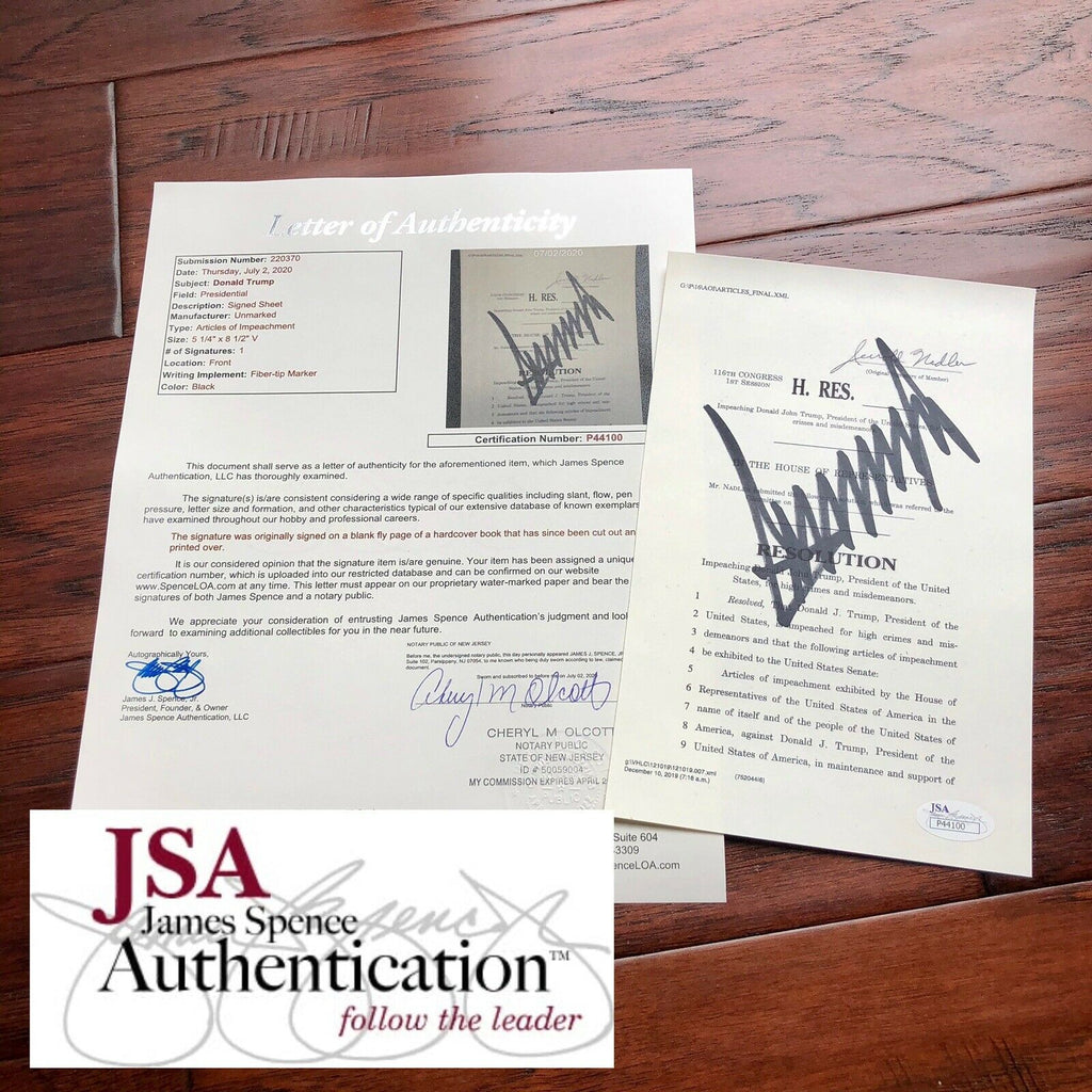 DONALD TRUMP * JSA LOA * Souvenir ARTICLES OF IMPEACHMENT Signed Autograph