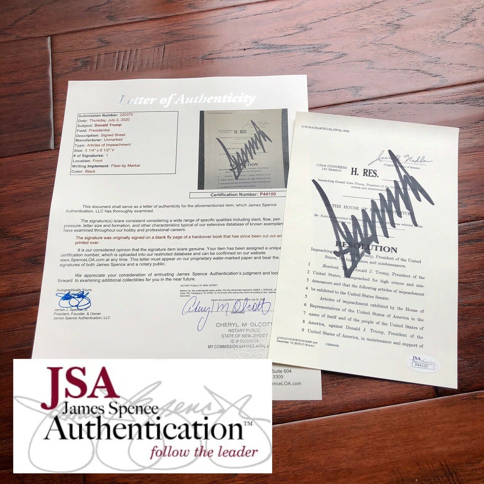 DONALD TRUMP * JSA LOA * Souvenir ARTICLES OF IMPEACHMENT Signed Autograph