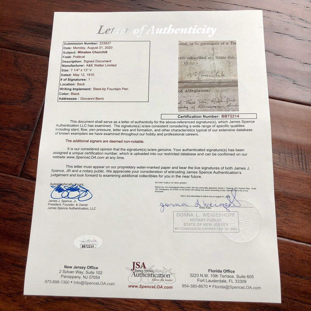 WINSTON S. CHURCHILL * JSA LOA * Hand Signed Naturalization Document Autograph *