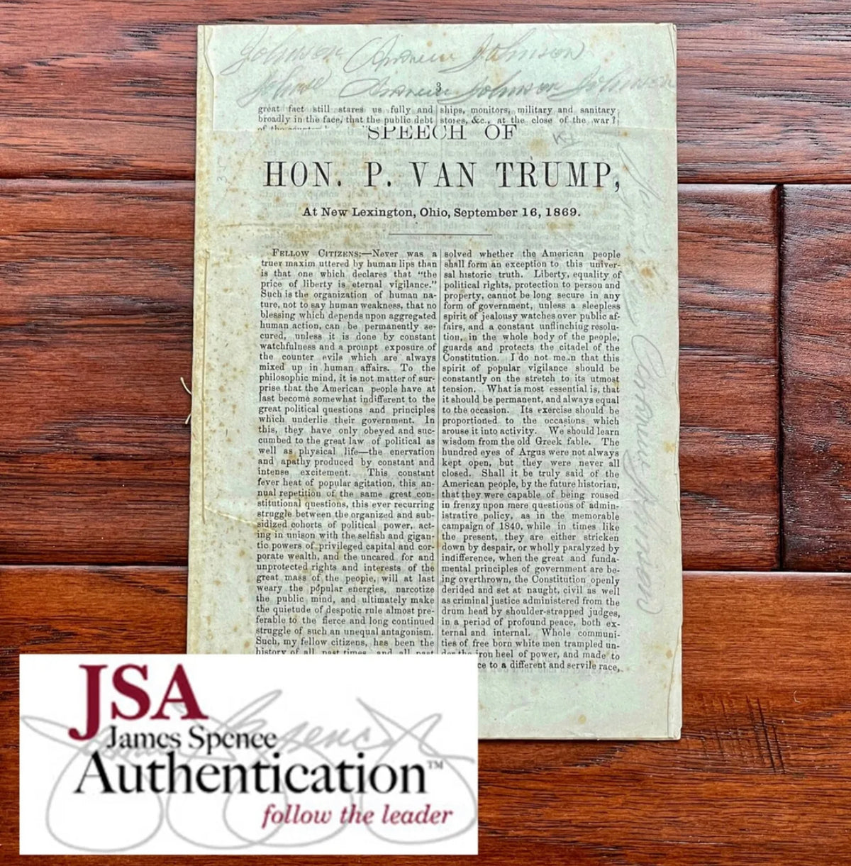 ANDREW JOHNSON * JSA LOA * Signed 6x Autograph Pamphlet * Abraham Lincoln VP