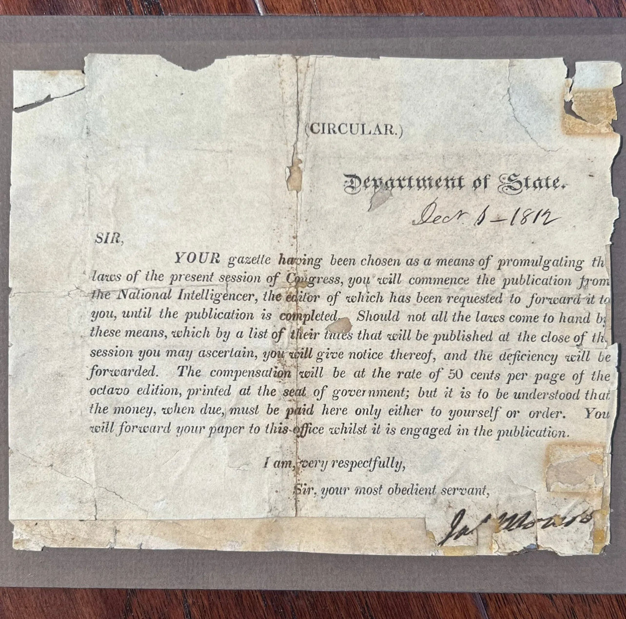 JAMES MONROE * JSA LOA * Autograph Request to Publish Declaration of War Signed