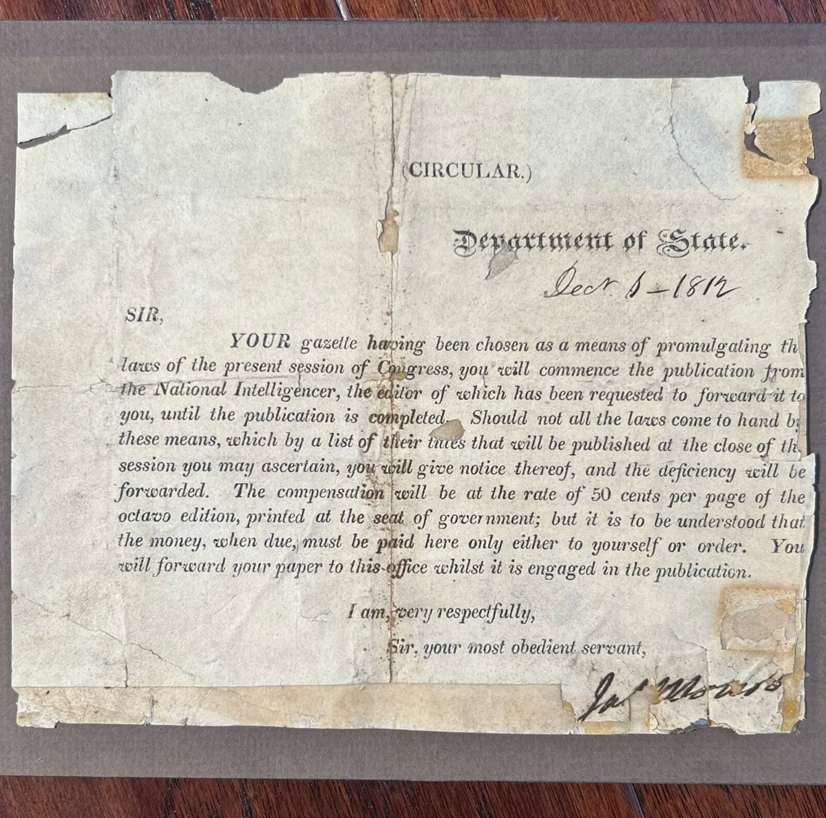 JAMES MONROE * JSA LOA * Autograph Request to Publish Declaration of War Signed