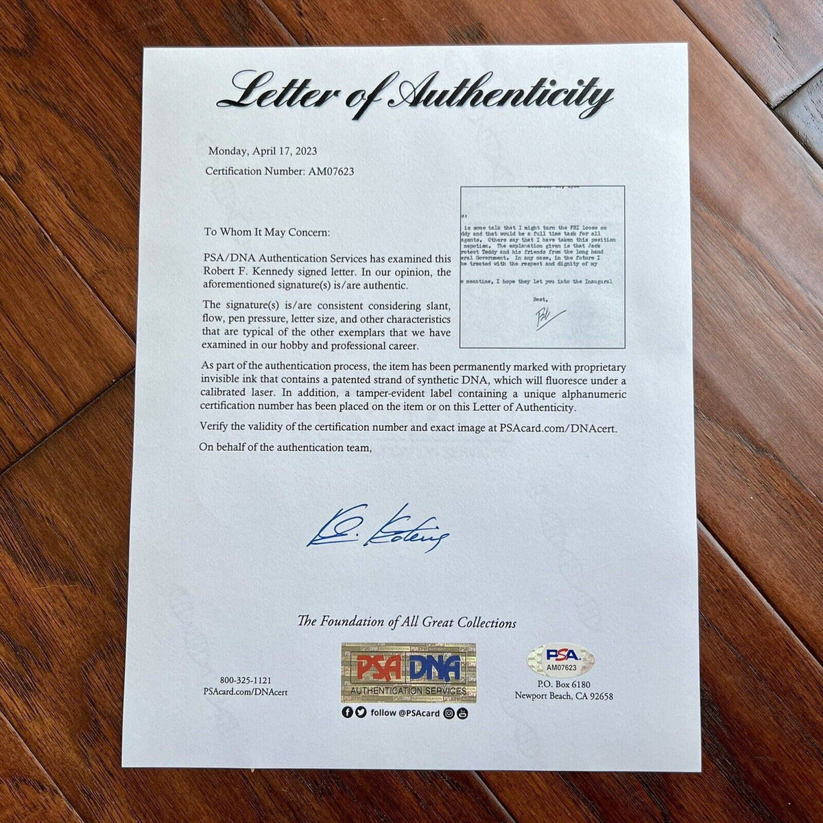 ROBERT F KENNEDY * PSA * Signed Autograph Re: Nepotism and Turning the FBI Loose