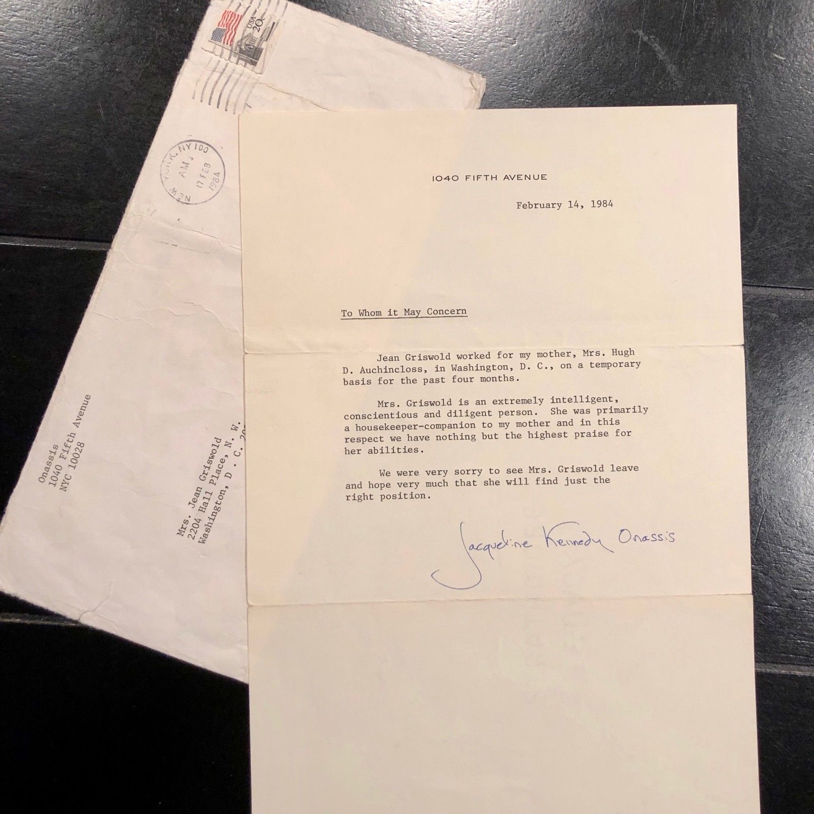JACQUELINE KENNEDY * PSA/DNA AUTOGRAPH reference note SIGNED for Mom's Caretaker
