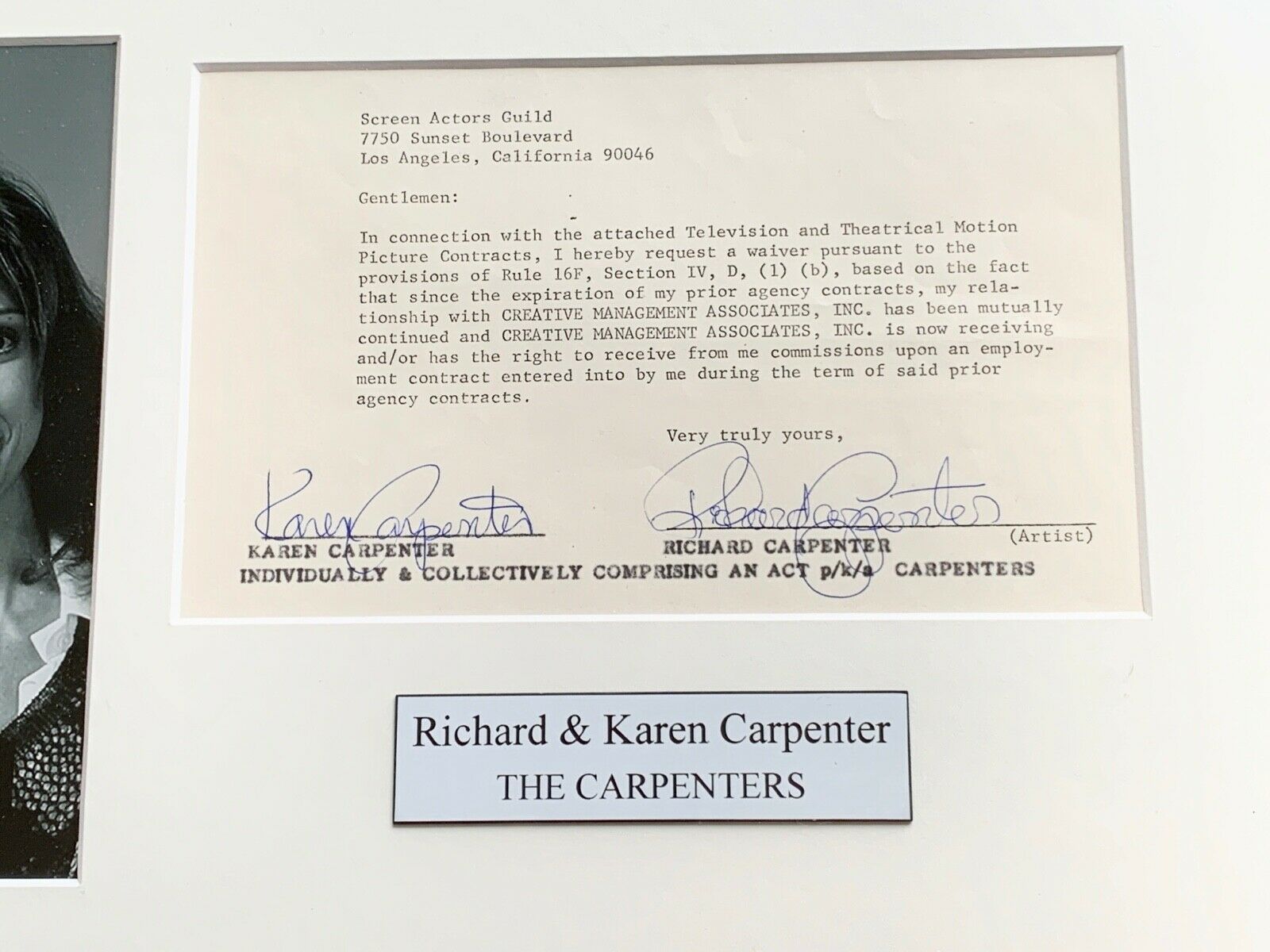 THE CARPENTERS * JSA * Karen & Richard AUTOGRAPH Duo Contract SIGNED