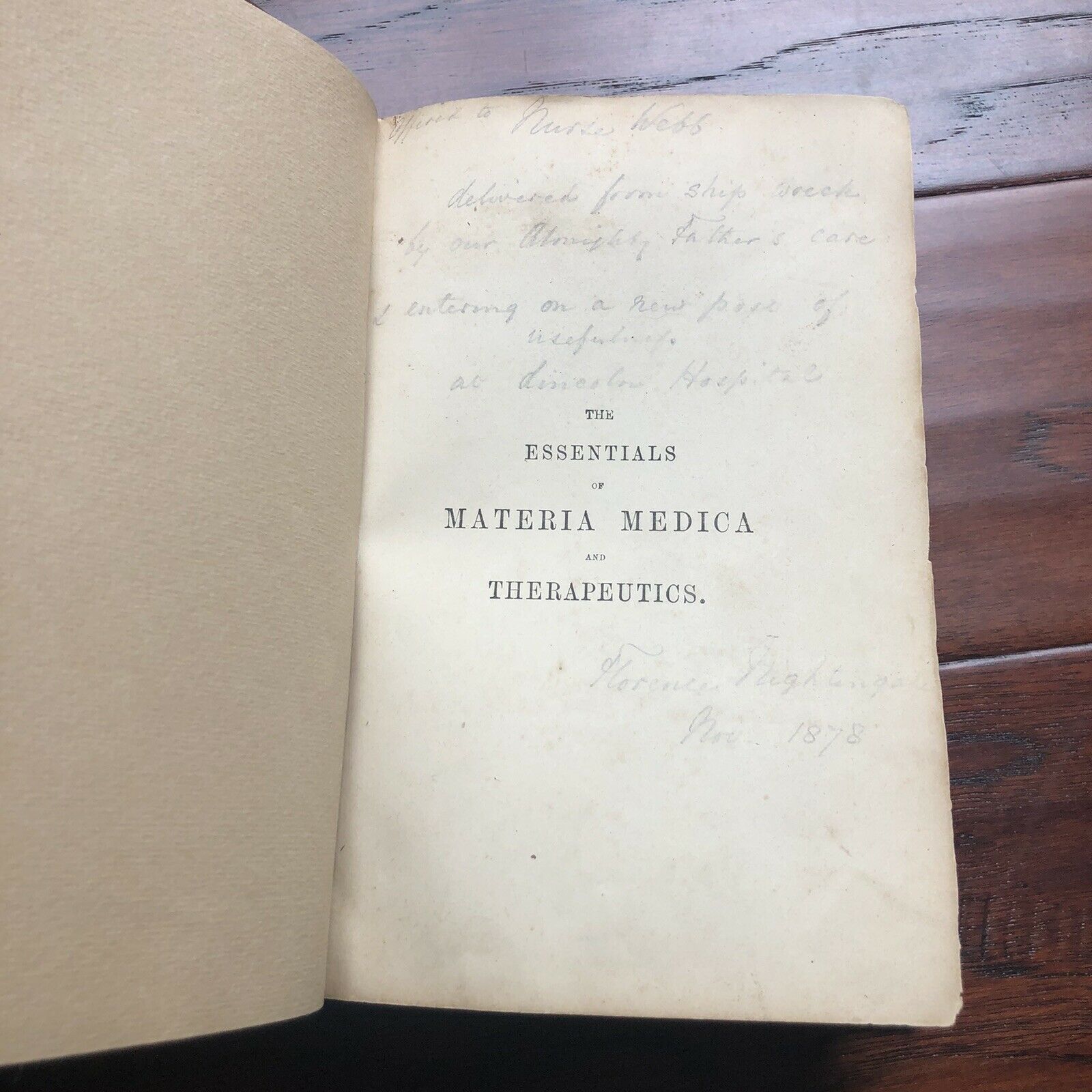 FLORENCE NIGHTINGALE * JSA * Autograph Medical Book Signed to Shipwreck Nurse *