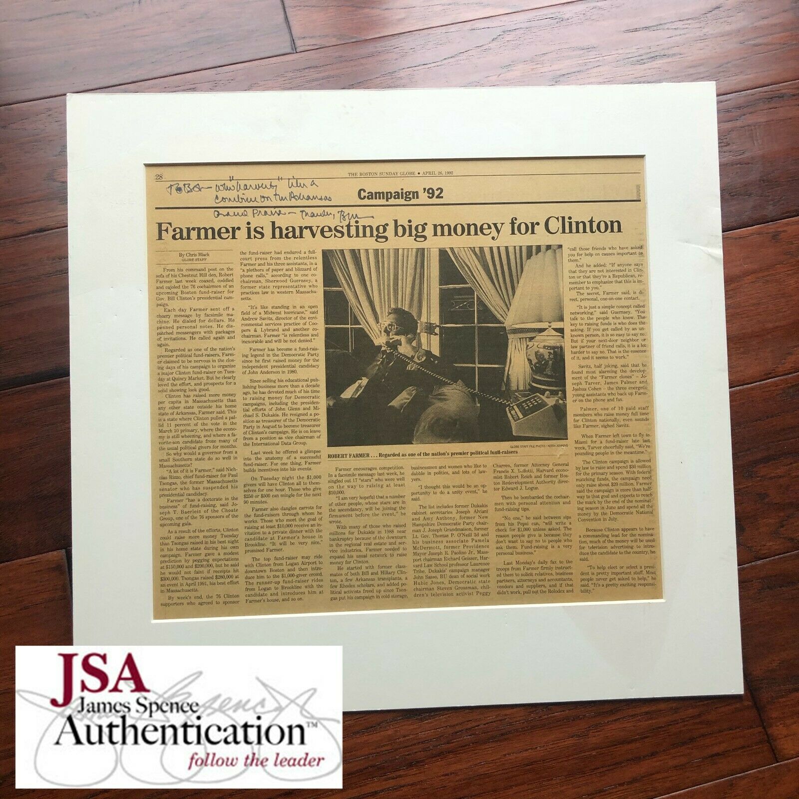 BILL CLINTON * JSA LOA * AUTOGRAPH Newspaper SIGNED re: Harvesting Contributions