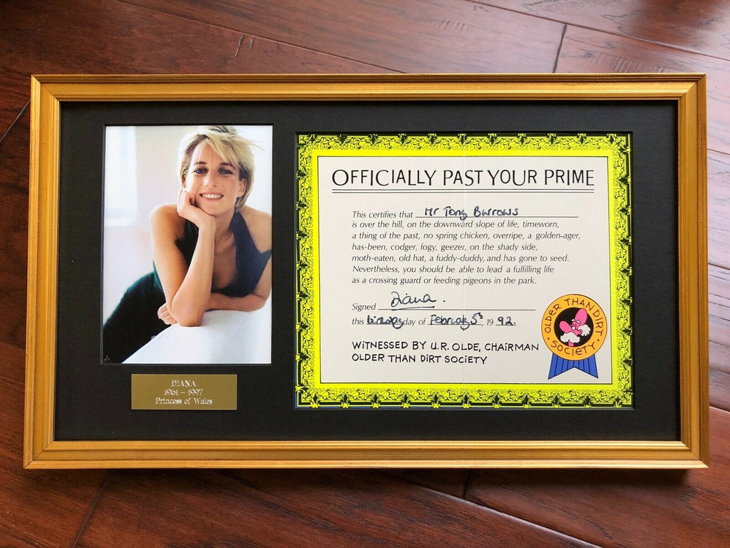 Princess DIANA * BAS * "Past Your Prime" AUTOGRAPH Birthday Certificate SIGNED