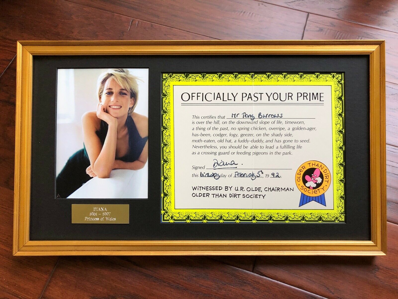 Princess DIANA * BAS * "Past Your Prime" AUTOGRAPH Birthday Certificate SIGNED