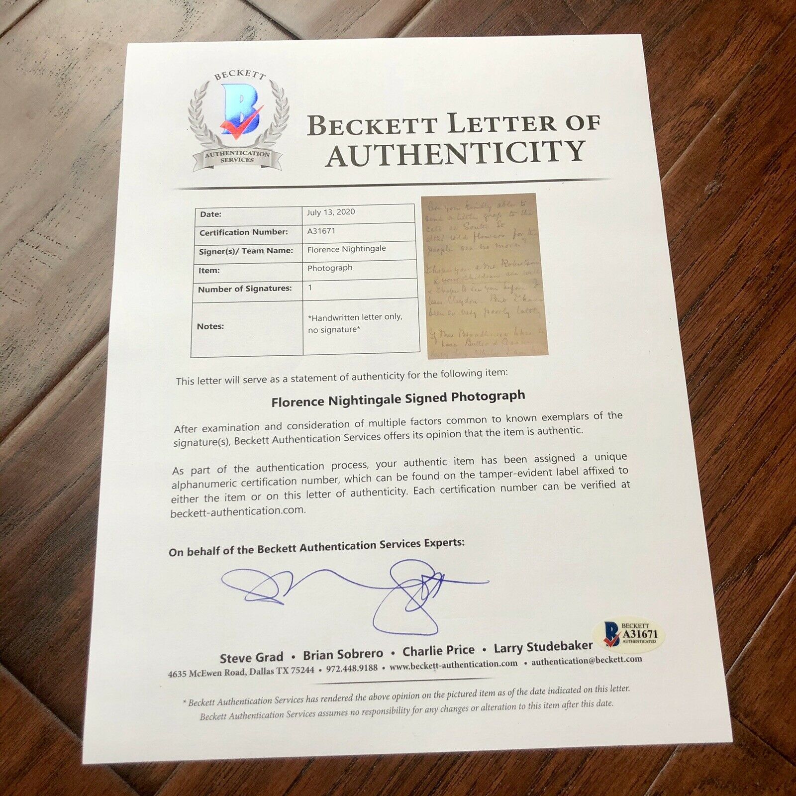 FLORENCE NIGHTINGALE * BAS Beckett * Signed Handwritten Letter Autograph * Nurse